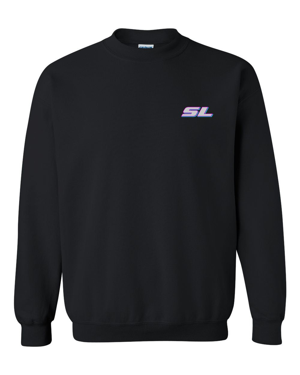 black crewneck front view with car name on pocket