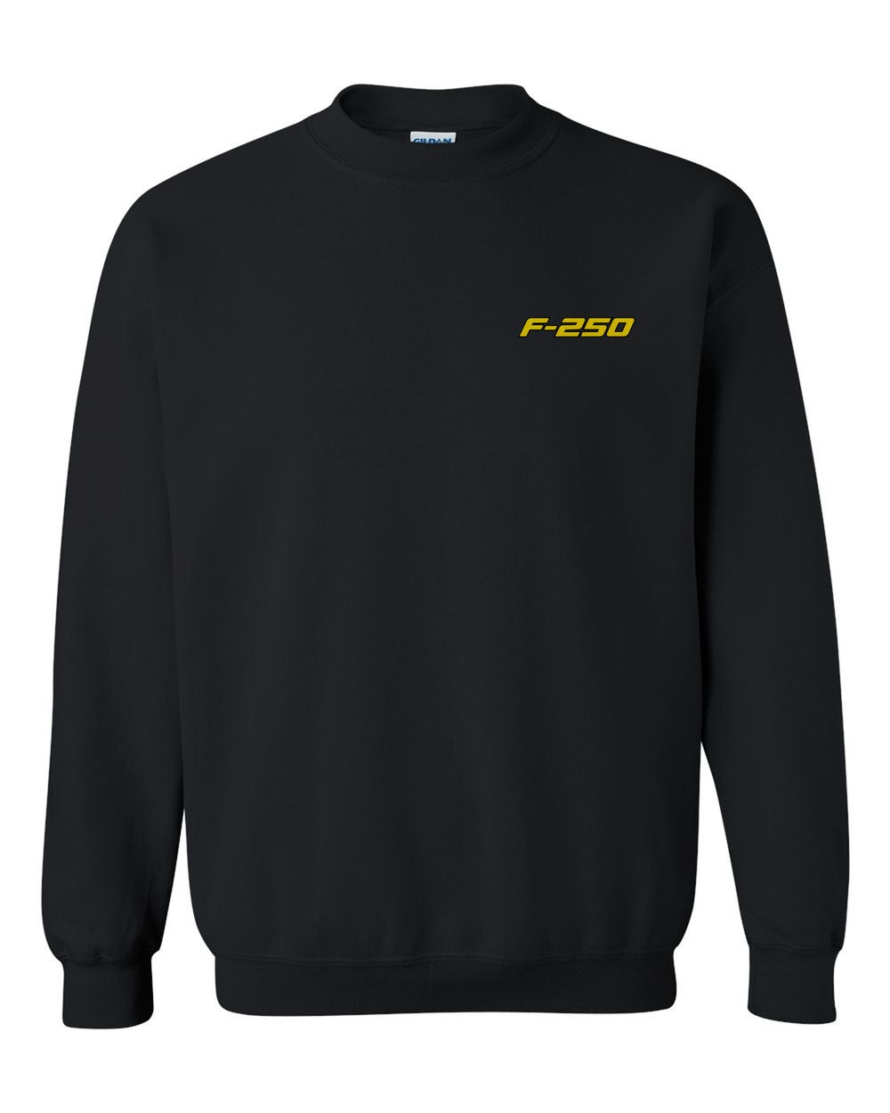 black crewneck front view with car name on pocket