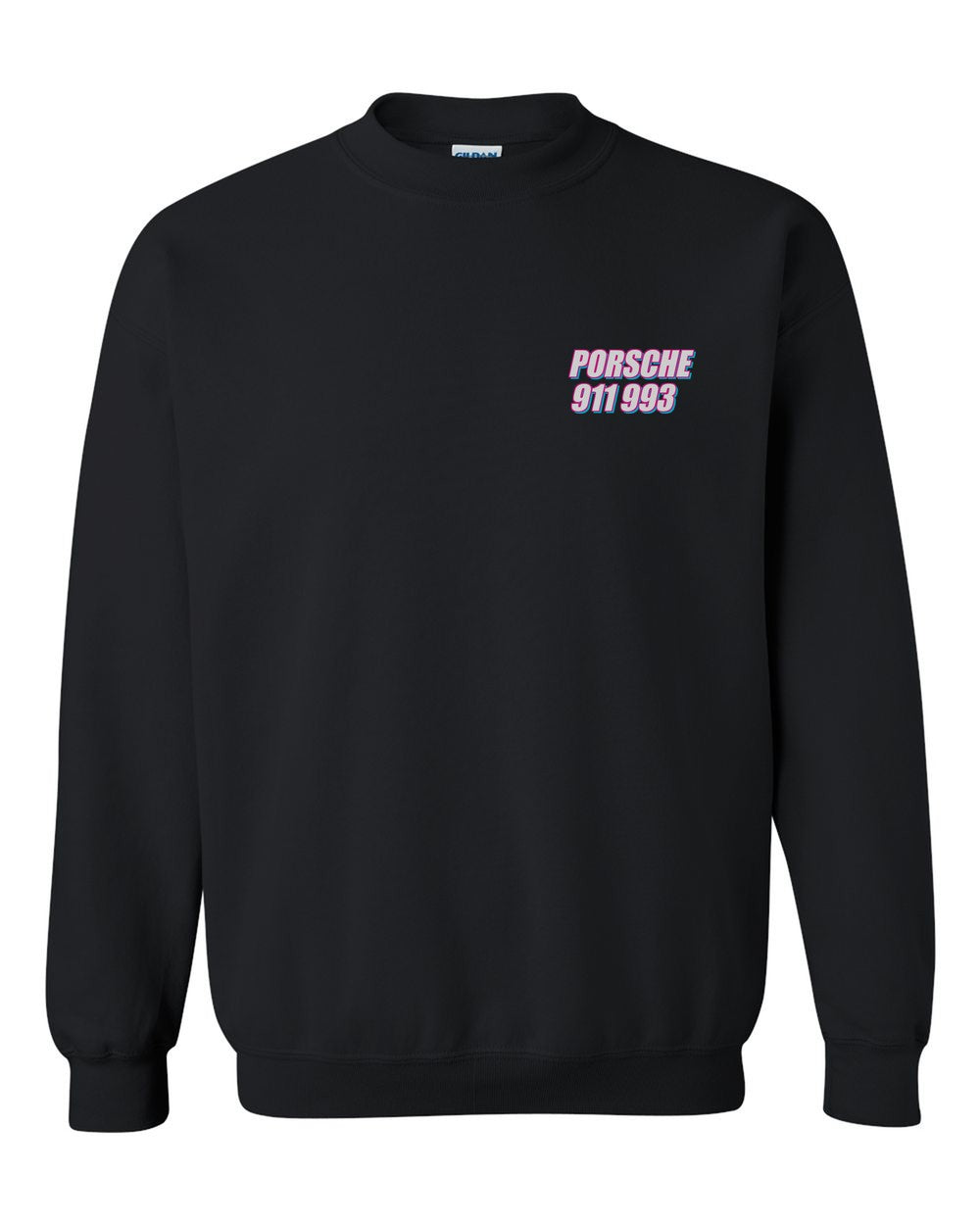 black crewneck front view with car name on pocket