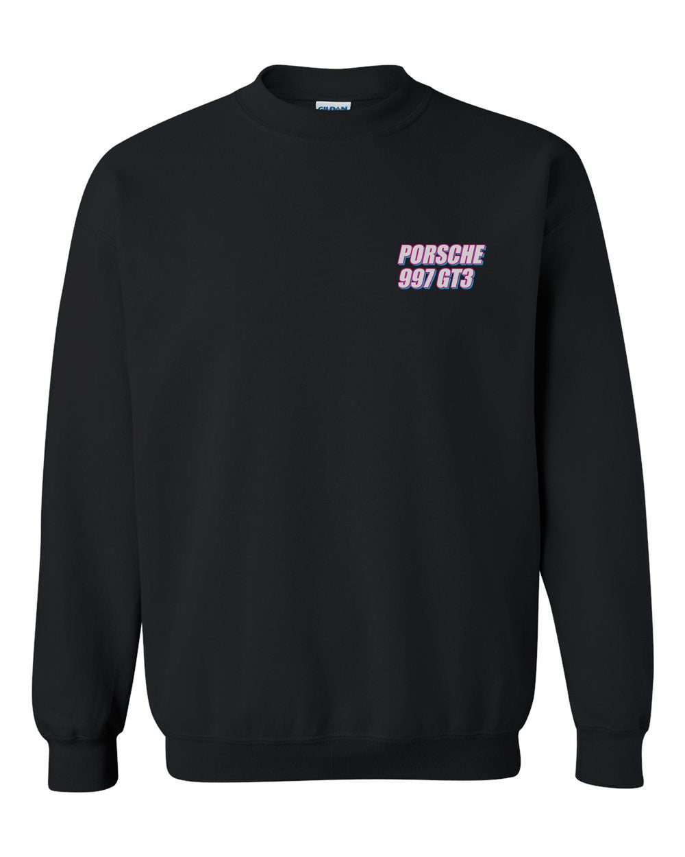black crewneck front view with car name on pocket