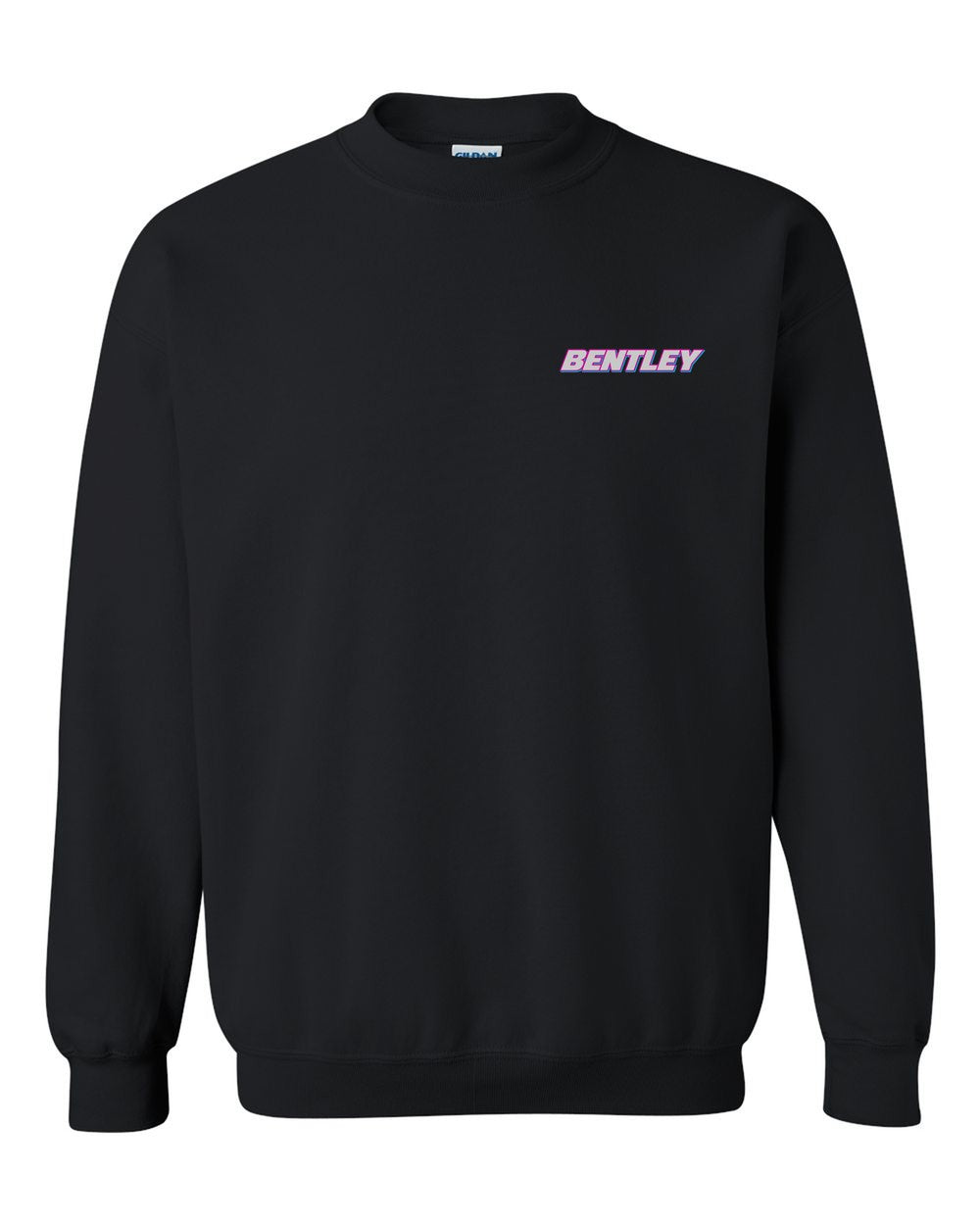black crewneck front view with car name on pocket