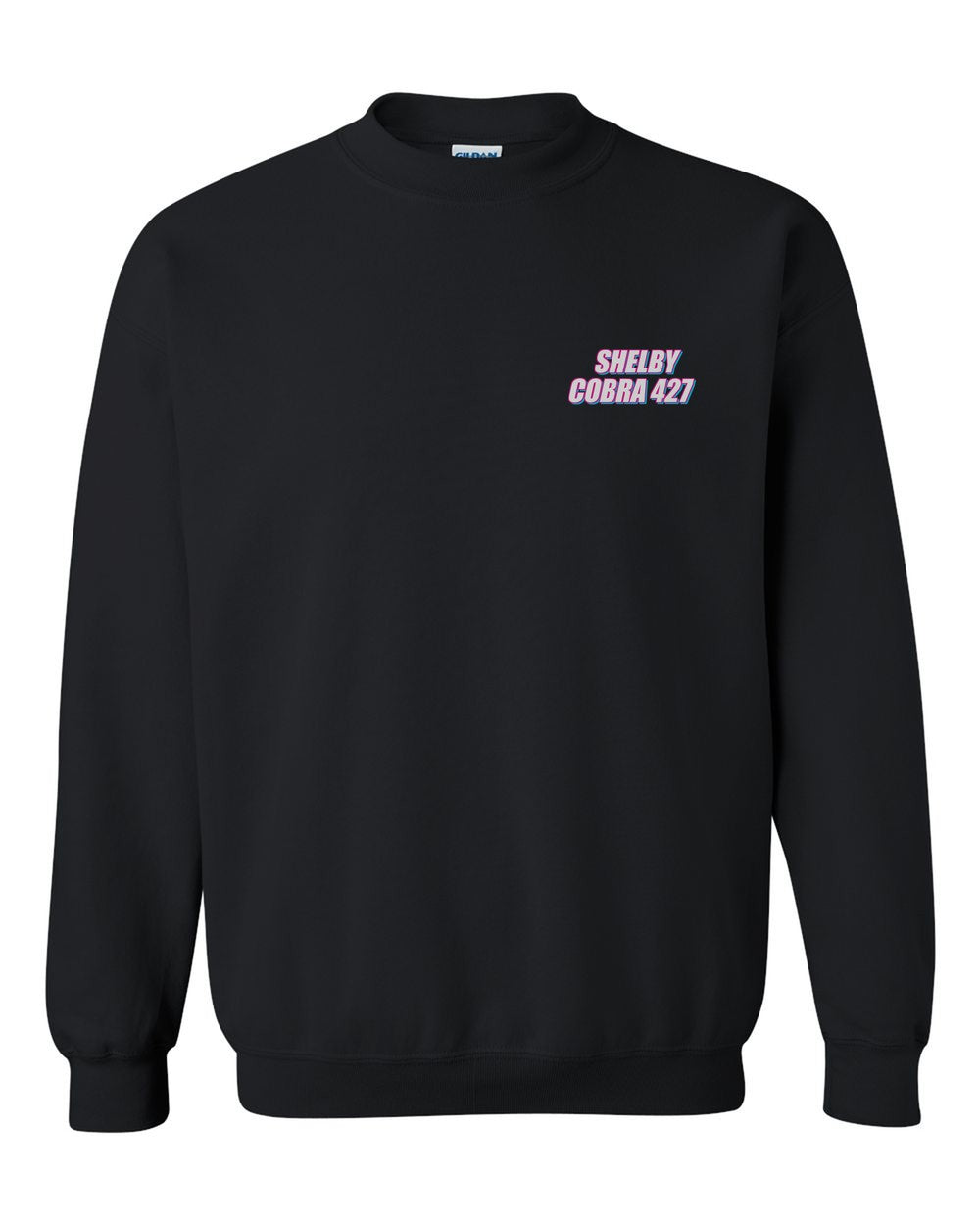 black crewneck front view with car name on pocket