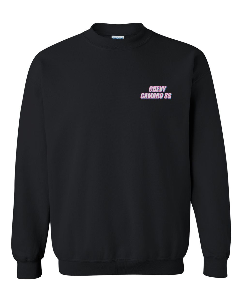 black crewneck front view with car name on pocket
