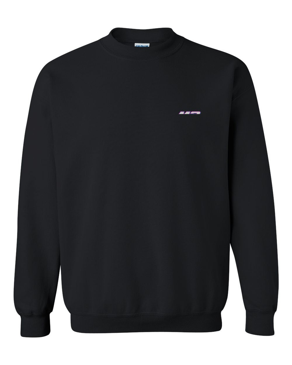 black crewneck front view with car name on pocket