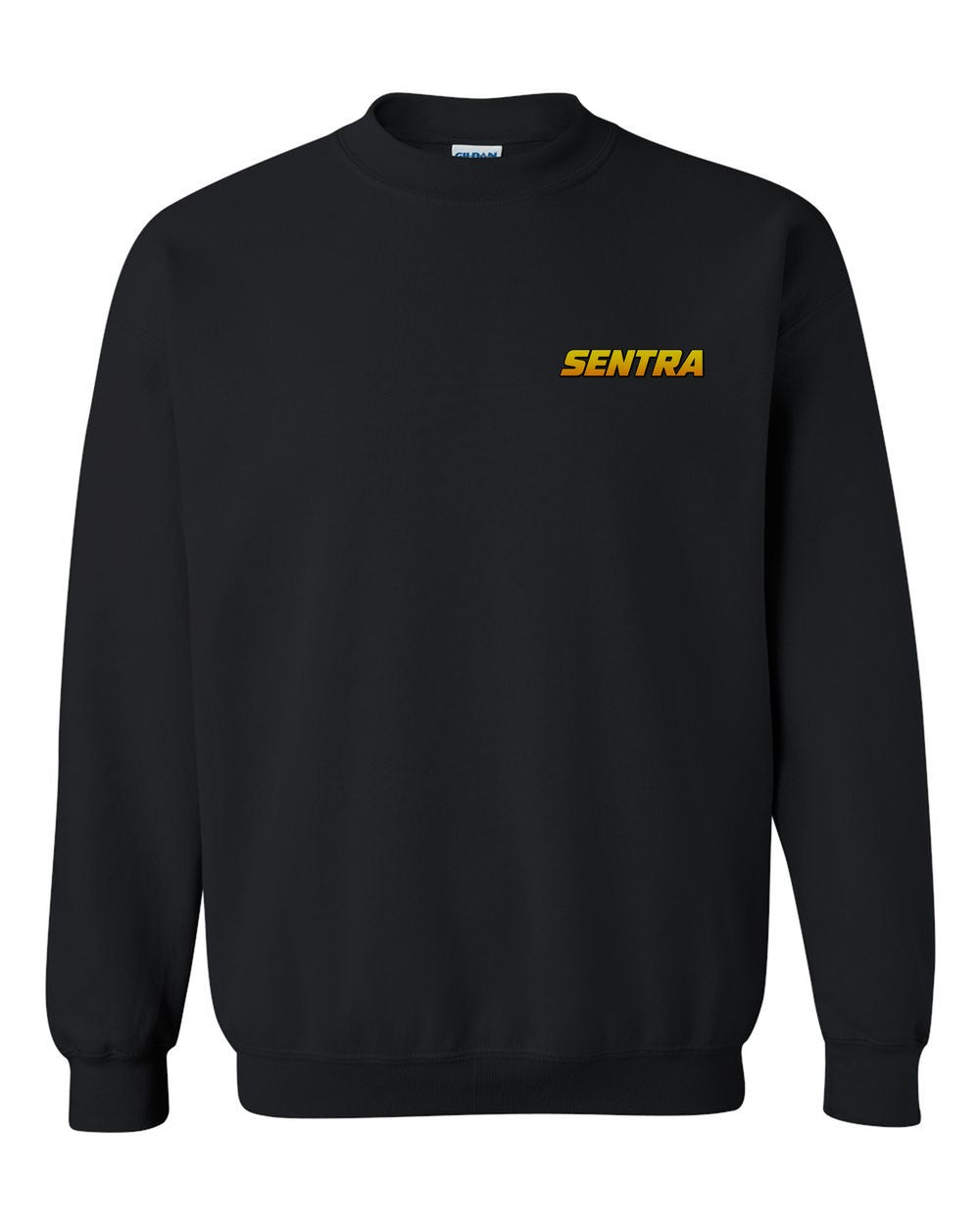 black crewneck front view with car name on pocket
