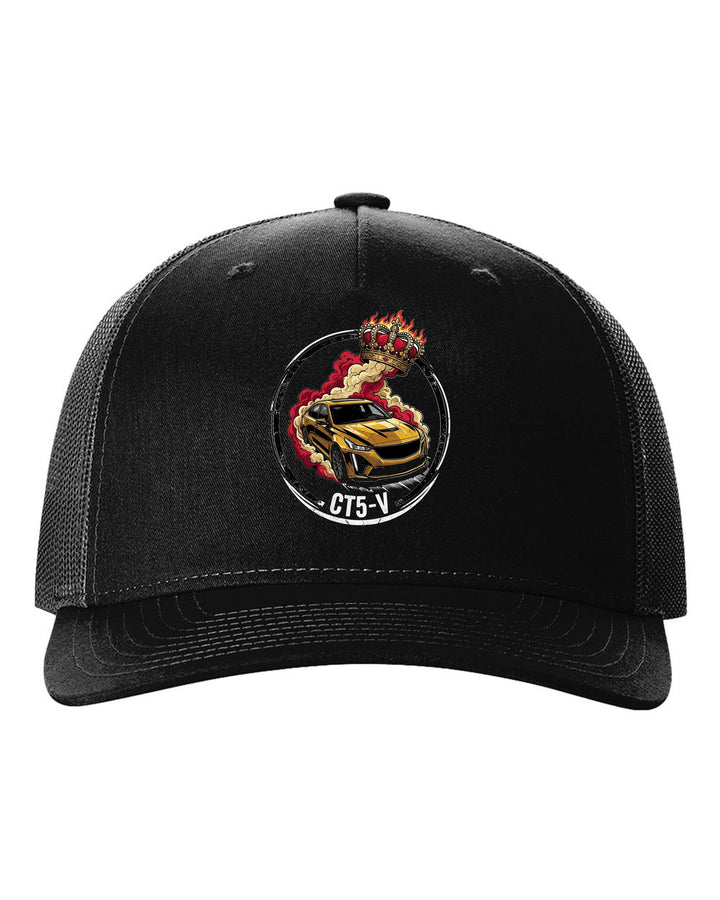 Cadillac CT5-V Crown black trucker hat front view with the design