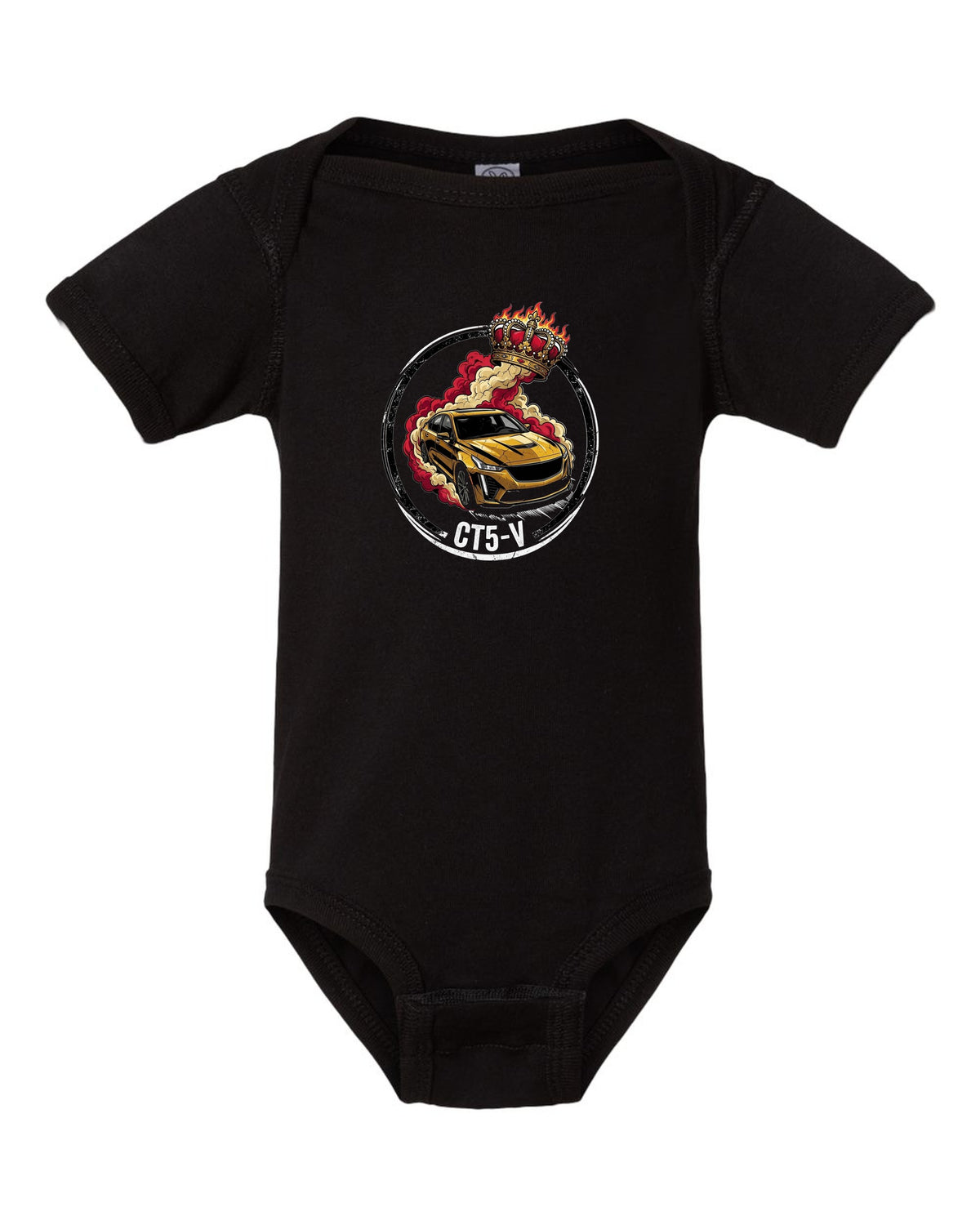 Cadillac CT5-V Crown black baby onesie front view with the design