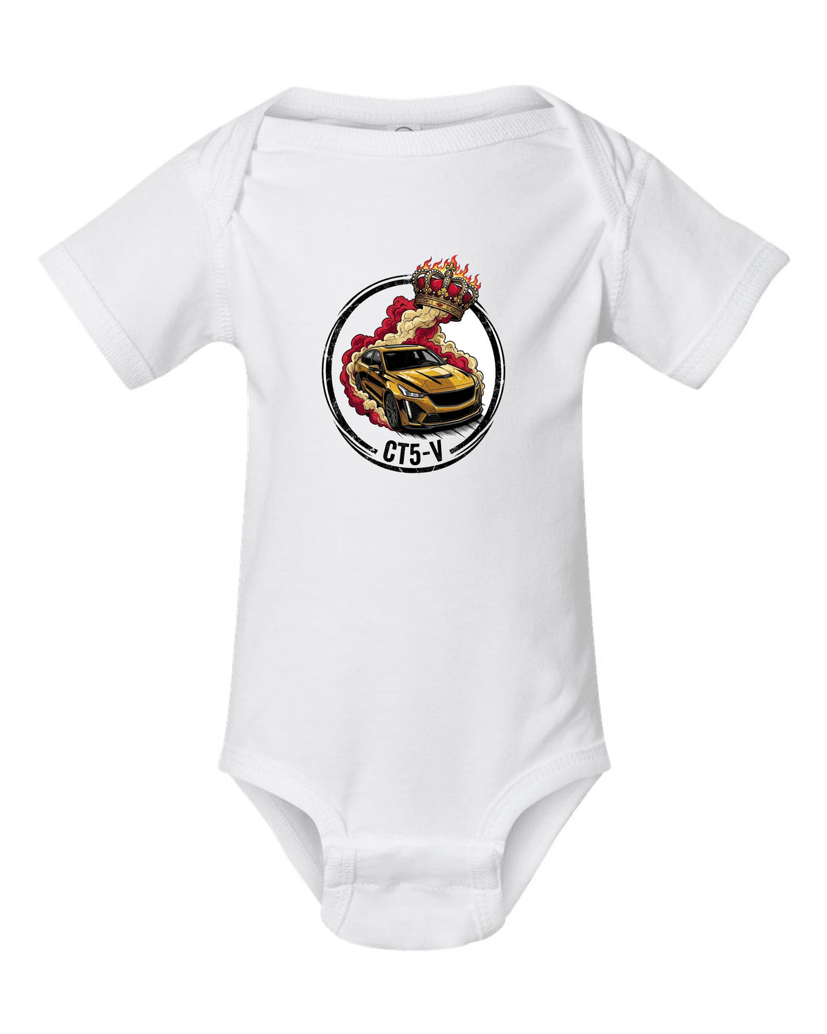 Cadillac CT5-V Crown white baby onesie front view with the design