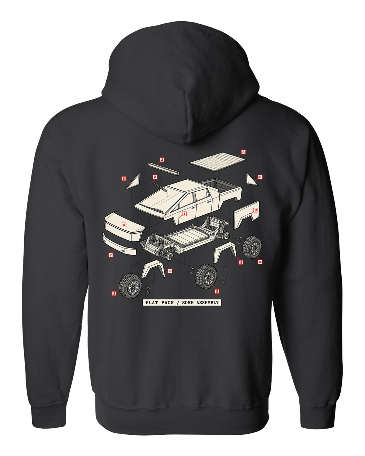 Isometric exploded-view patent drawing of a 2023 Tesla Cybertruck with the words Flat Pack Some Assembly black zip hoodie back view with the design