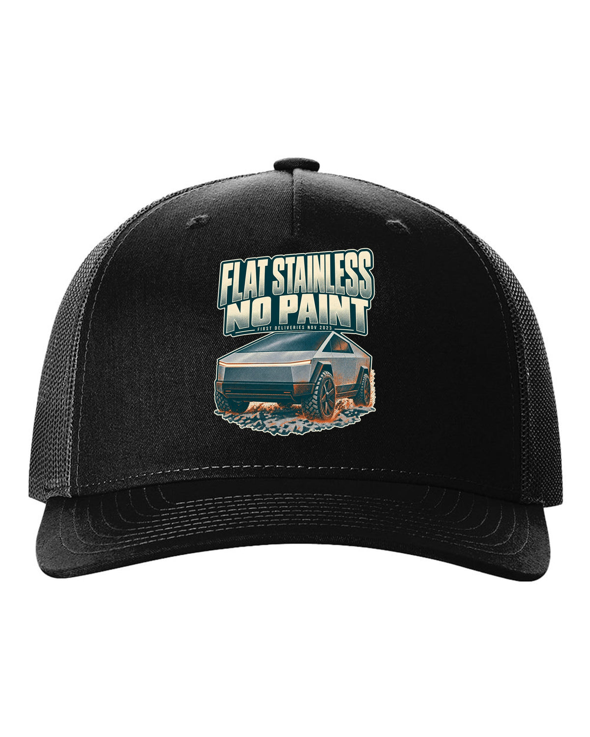 Halftone print of a Tesla Cybertruck front three-quarter with flat stainless text black hat front view with the design