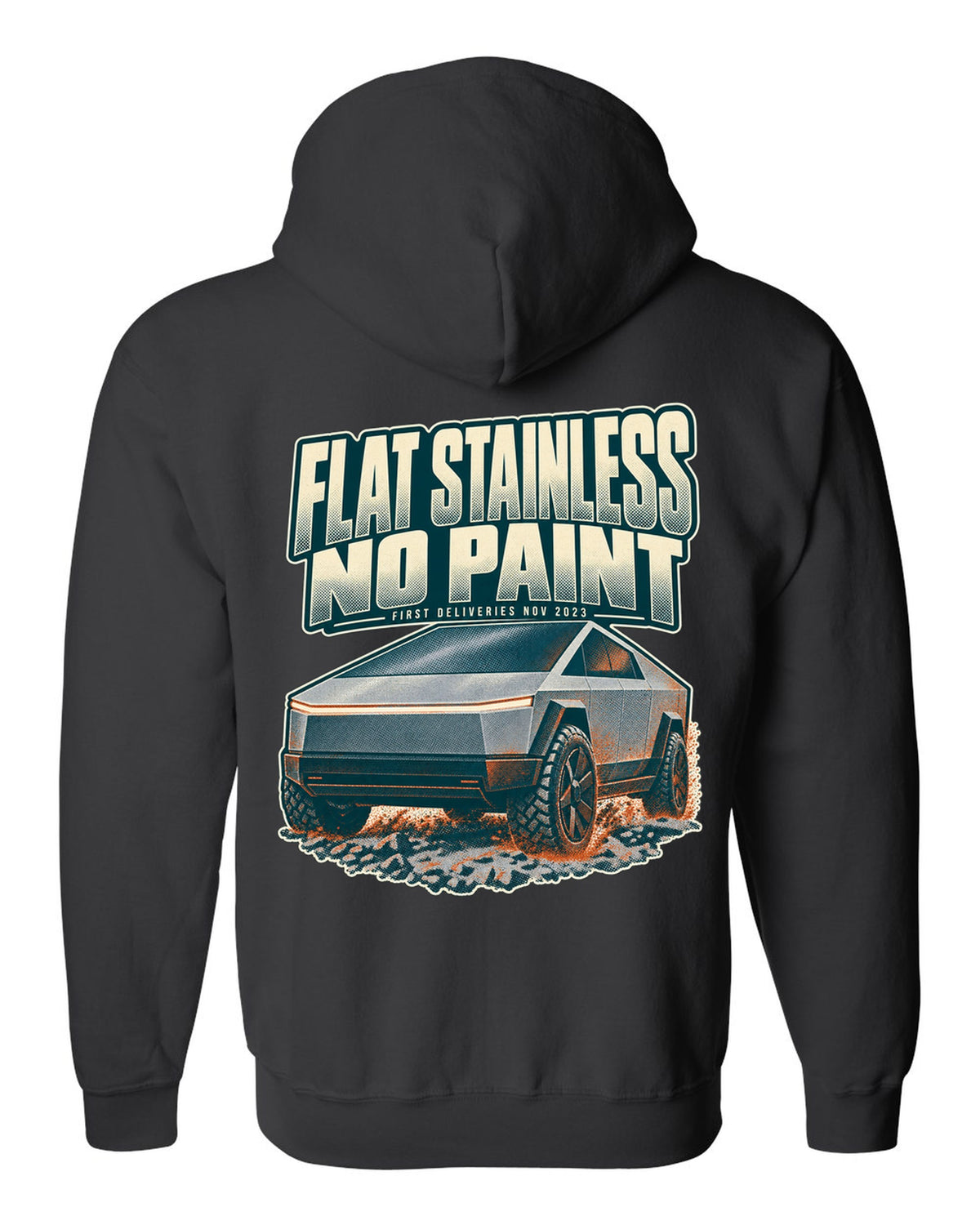 Halftone print of a Tesla Cybertruck front three-quarter with flat stainless text black zip hoodie back view with the design