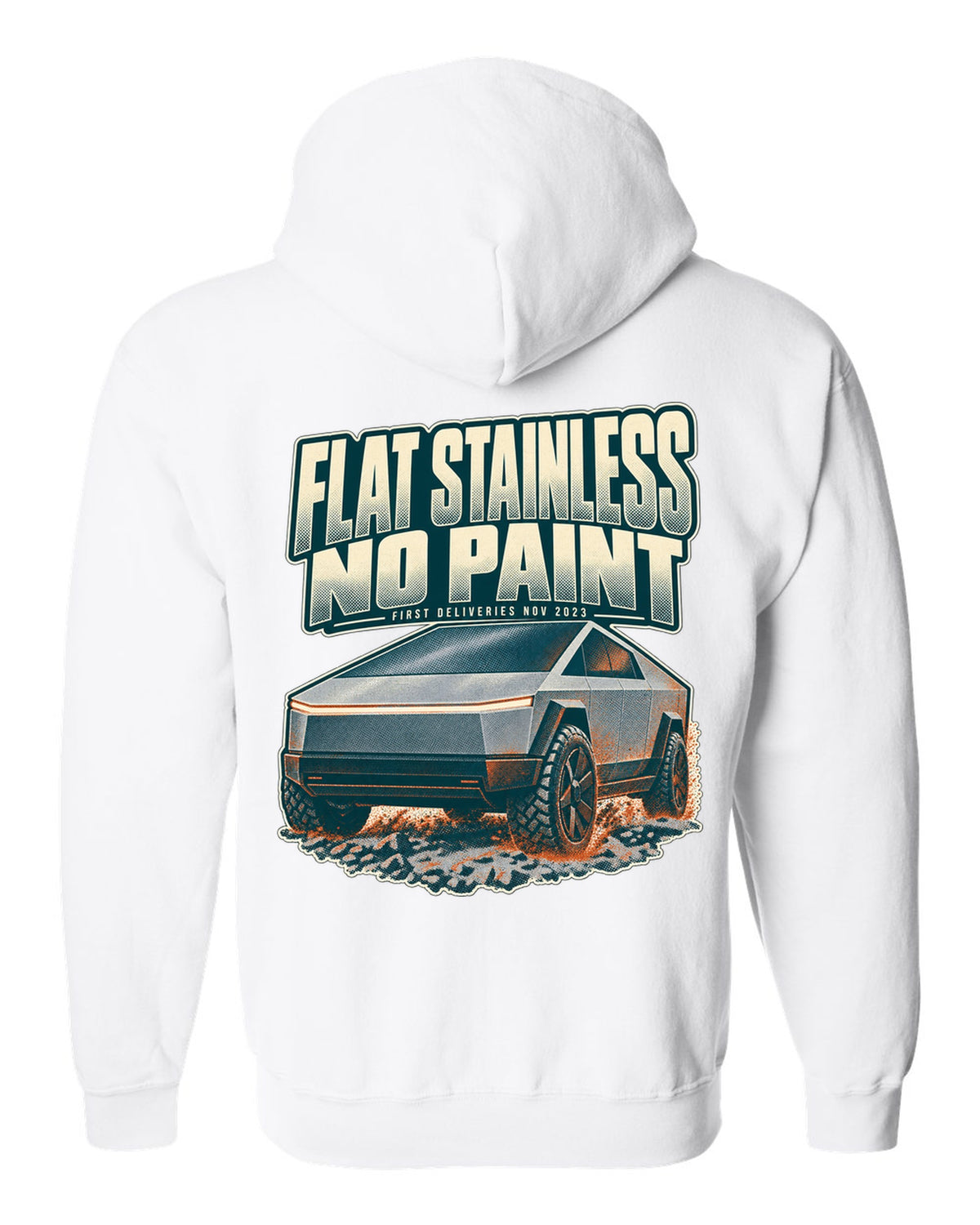 Halftone print of a Tesla Cybertruck front three-quarter with flat stainless text white zip hoodie back view with the design