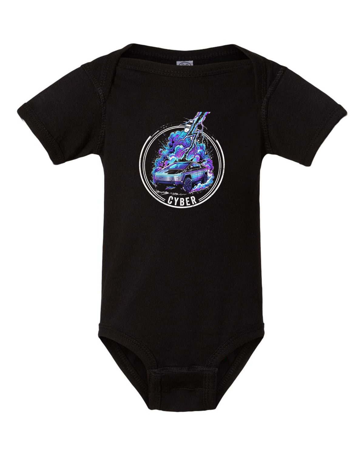 Tesla Cybertruck Bolt black baby onesie front view with the design