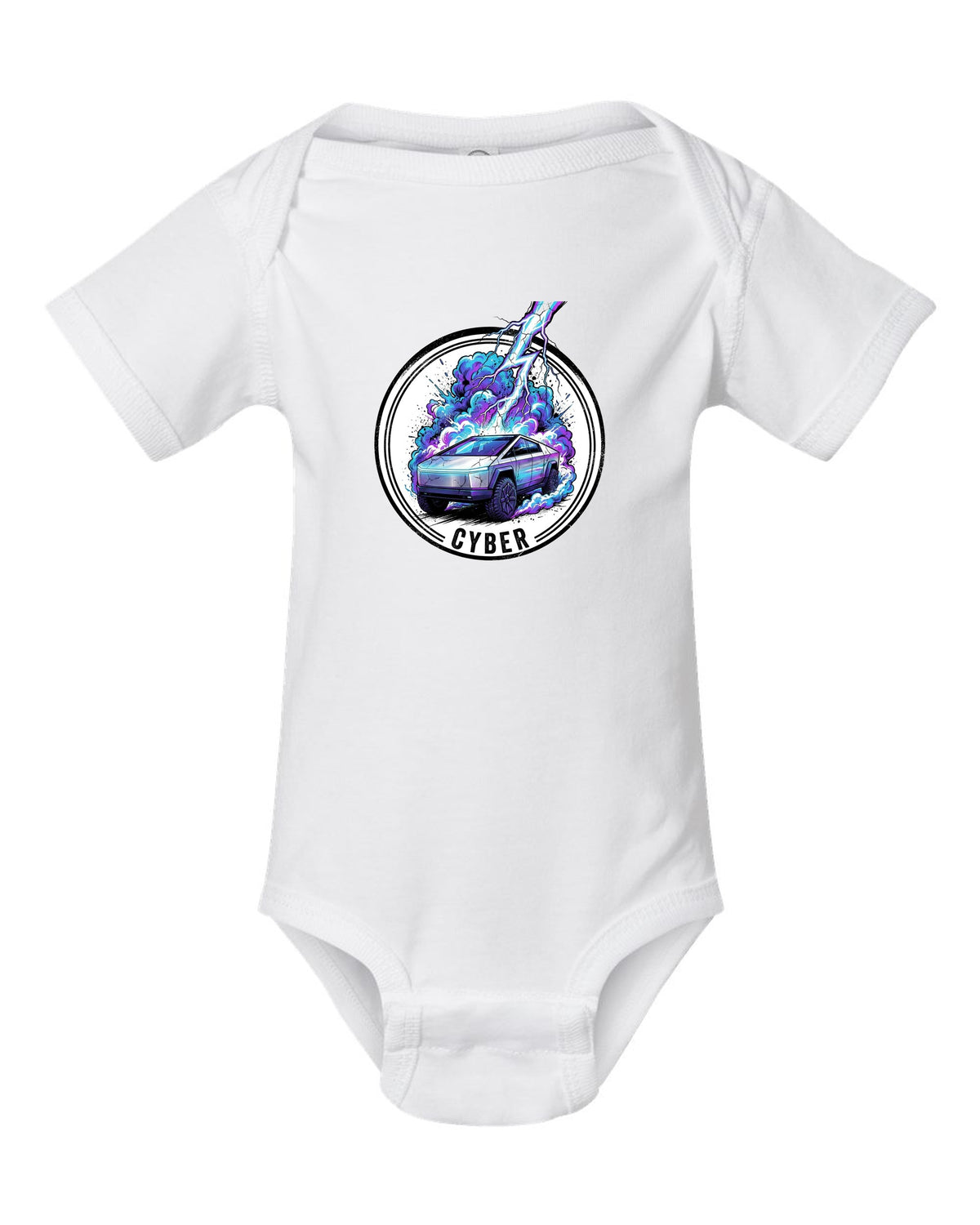 Tesla Cybertruck Bolt white baby onesie front view with the design