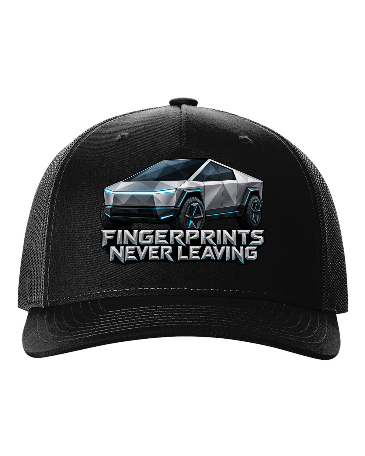 Low-poly wireframe facets of a 2023 Tesla Cybertruck with the words Fingerprints Never Leaving black hat front view with the design