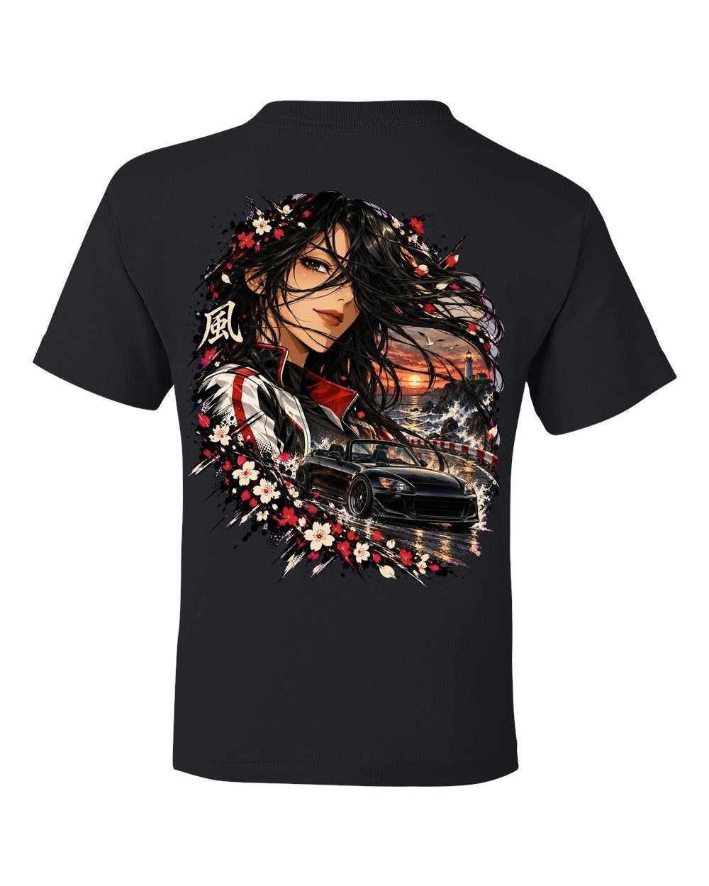 Honda S2000 Anime Girl Kids Tee Black back