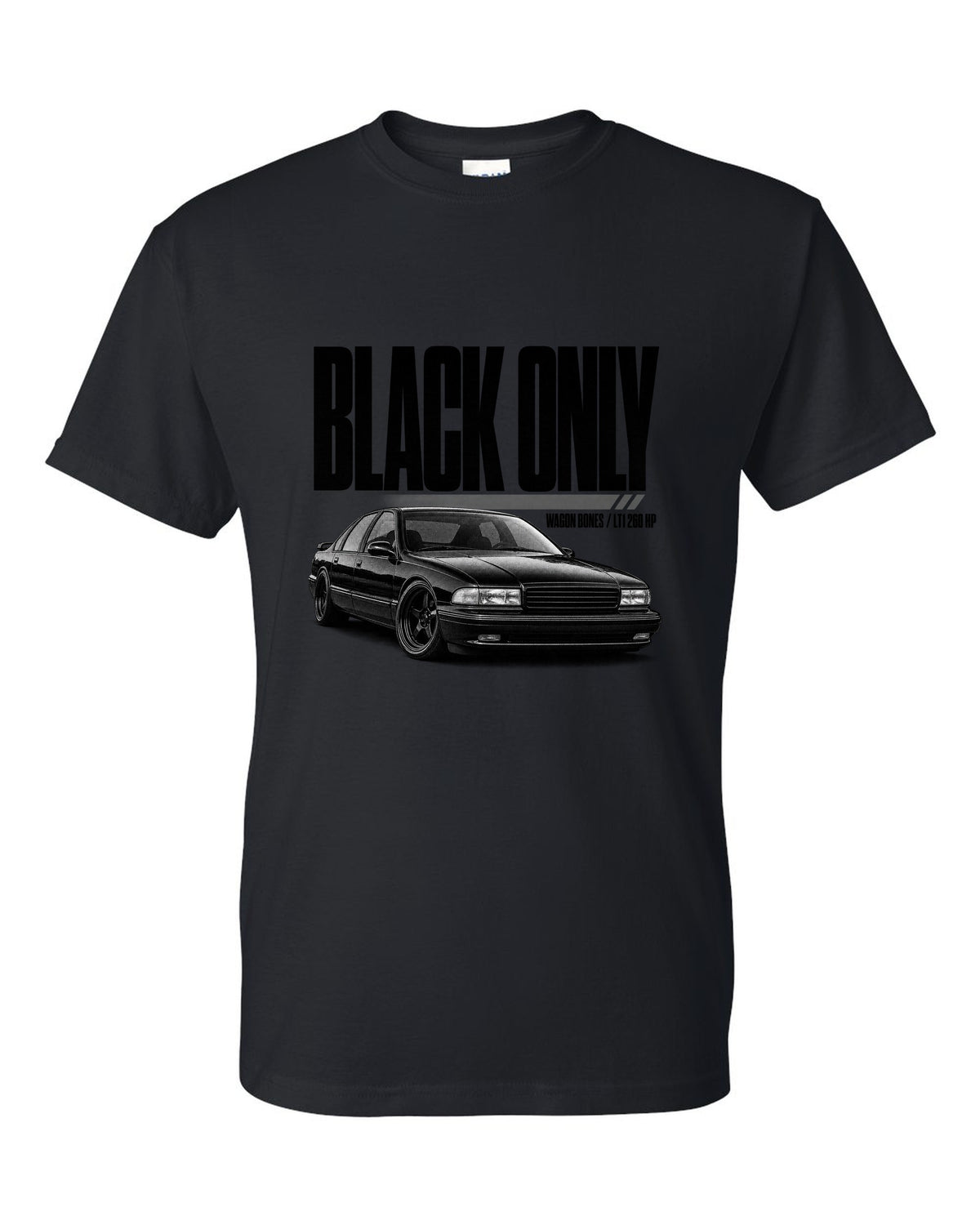 1994 Impala SS front three-quarter halftone print with LT1 text black t-shirt front view with the design