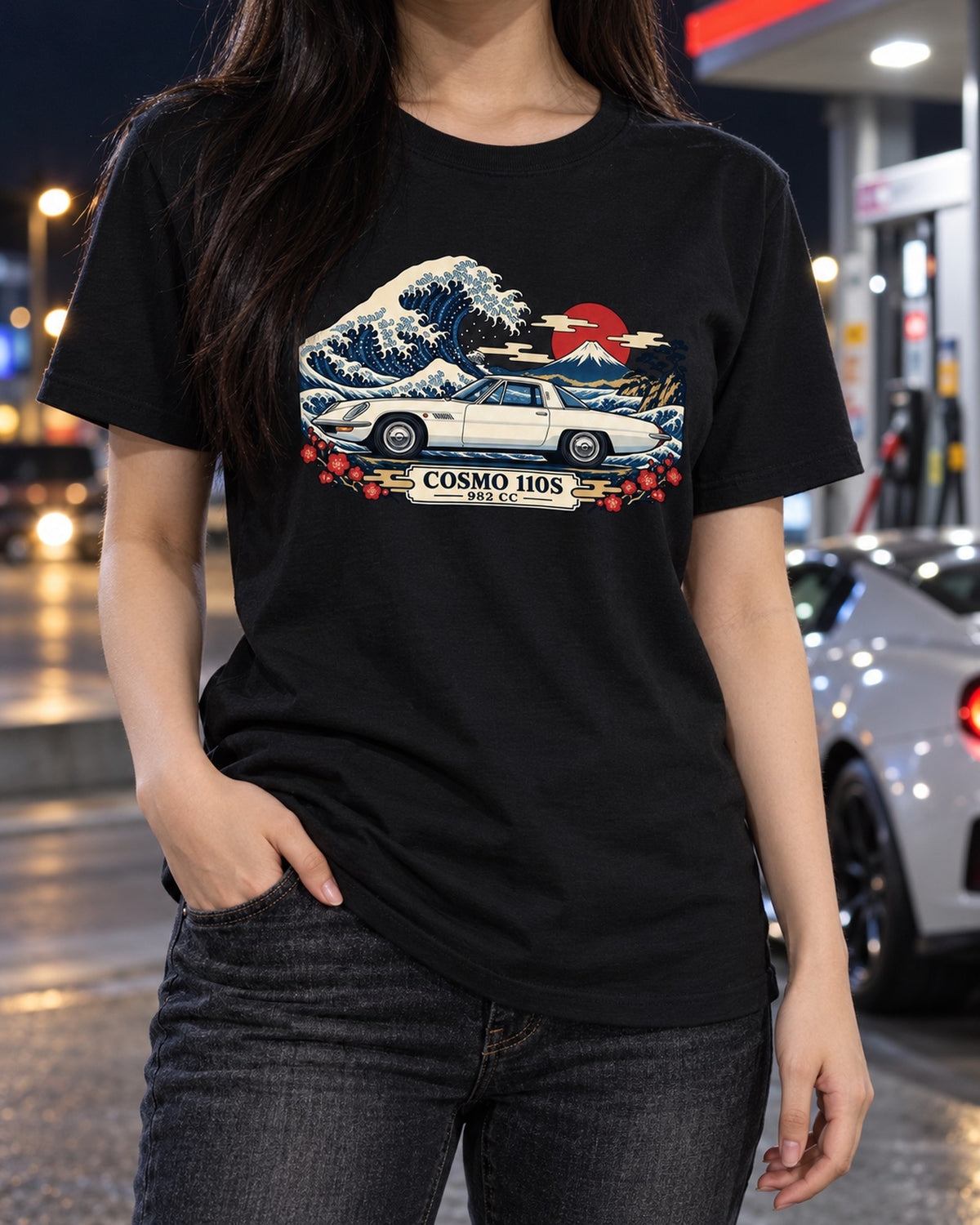 Cosmo Sport 110S Ukiyo-e Wave Woodblock Shirt, 982 CC T-Shirt Black worn hero