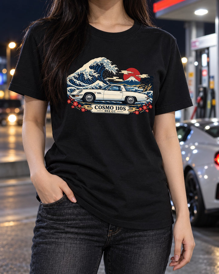 Cosmo Sport 110S Ukiyo-e Wave Woodblock Shirt, 982 CC T-Shirt Black worn hero