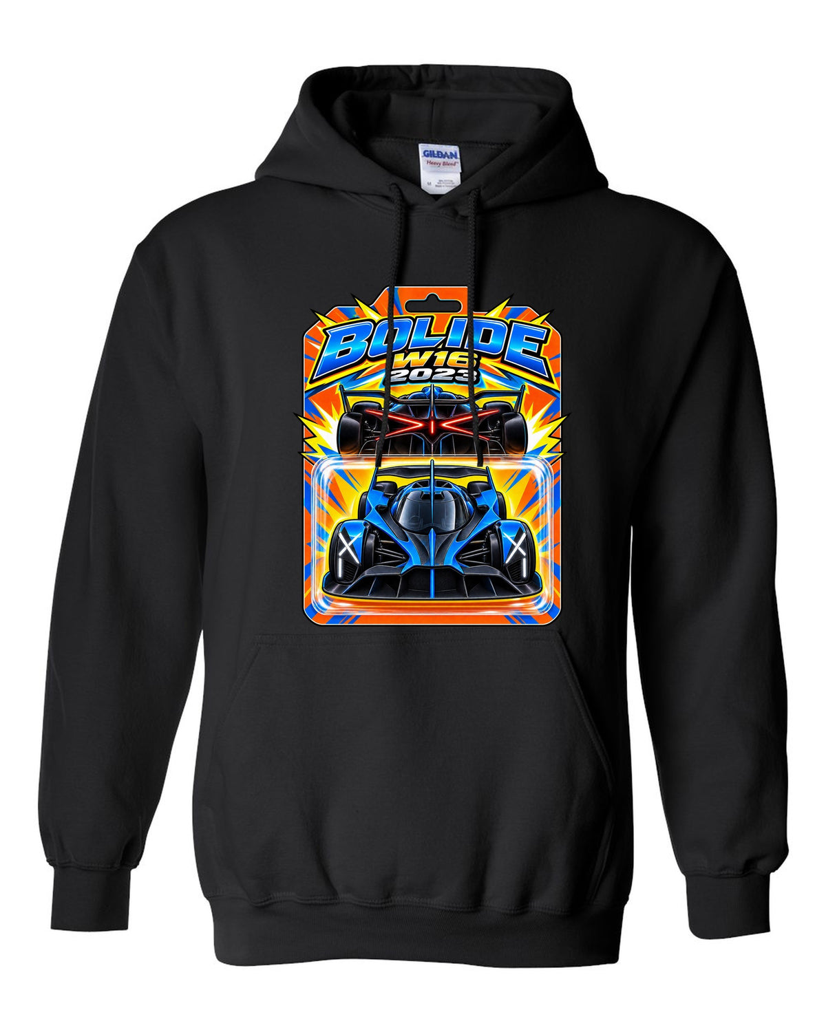 Hot Wheels-style toy blister card illustration of the Bugatti Bolide with BOLIDE W16 2023 lettering black pull over hoodie front view with the design