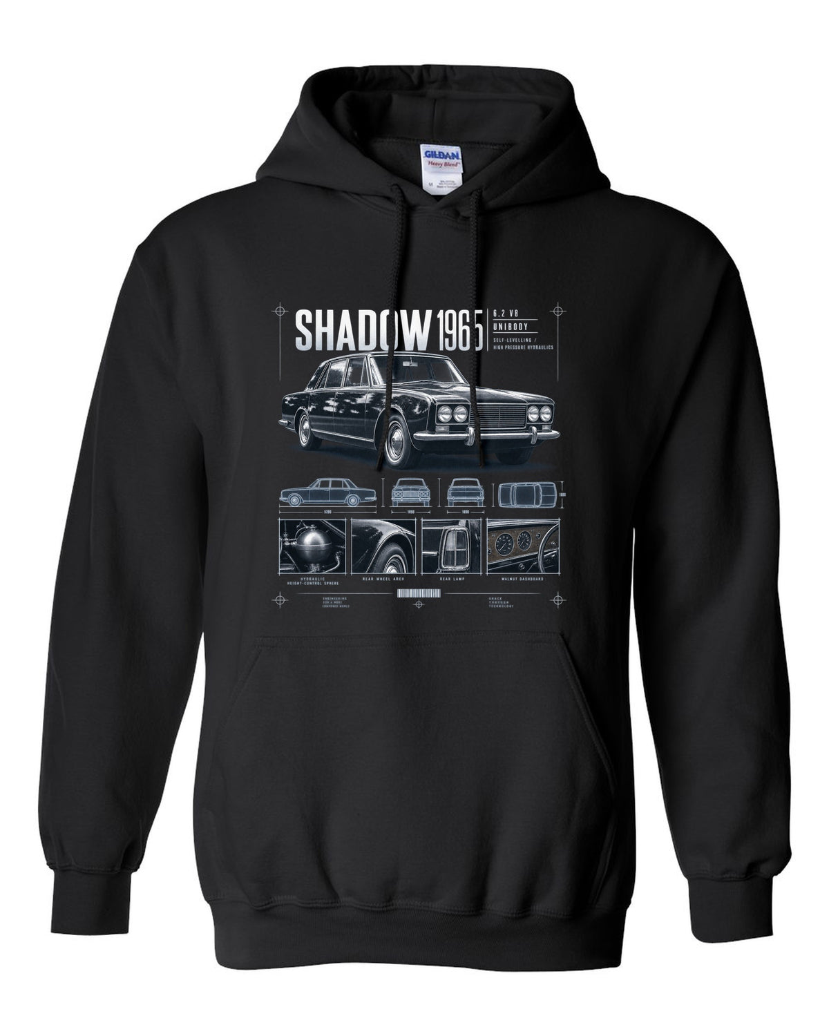 Rolls-Royce Silver Shadow 1965 dossier panels about hydraulics black pull over hoodie front view with the design