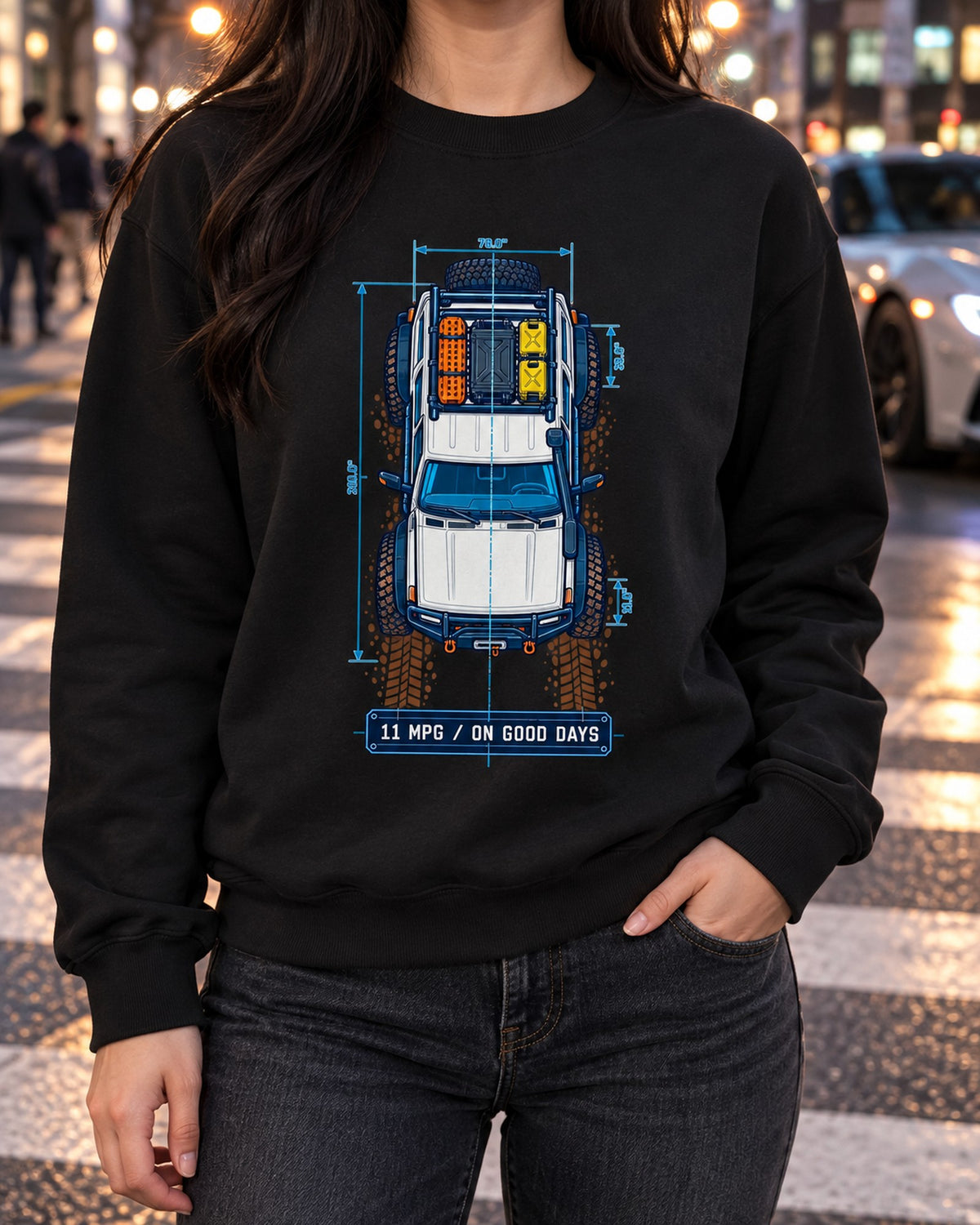 Land Cruiser FJ80 Top-Down Blueprint Tee: 11 MPG on Good Days Crewneck Black worn hero