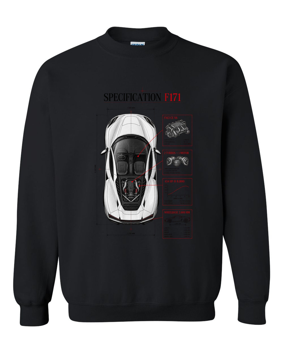 Top-down spec poster print of a Ferrari 296 GTB F171 with wheelbase and F163 CE V6 details black crewneck front view with the design