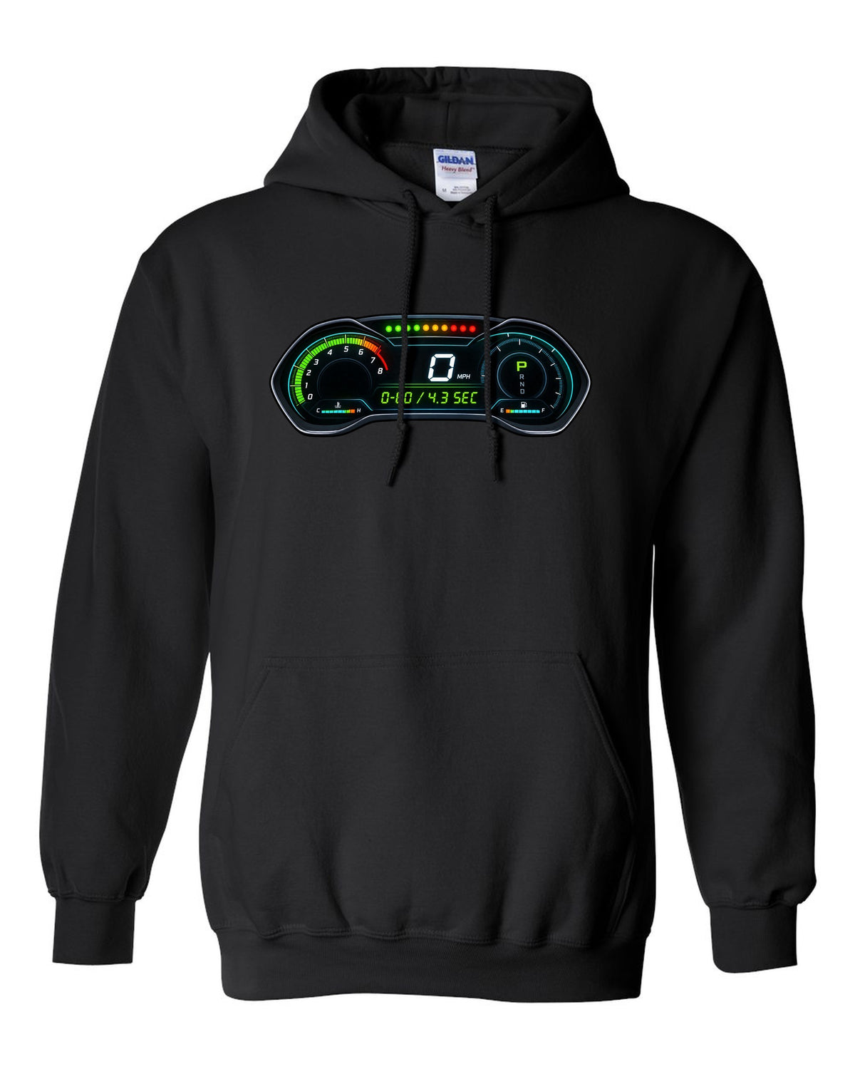 Retro manga halftone panel print of an S550 Mustang fastback doing a line lock burnout black pull over hoodie front view with the design