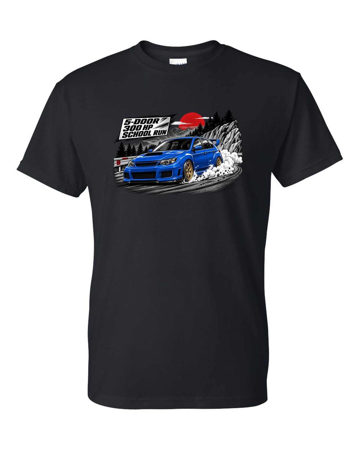 Subaru WRX STI GRB chback in a retro manga halftone panel, 5-DOOR / 300 HP / SCHOOL RUN black t-shirt front view with the design