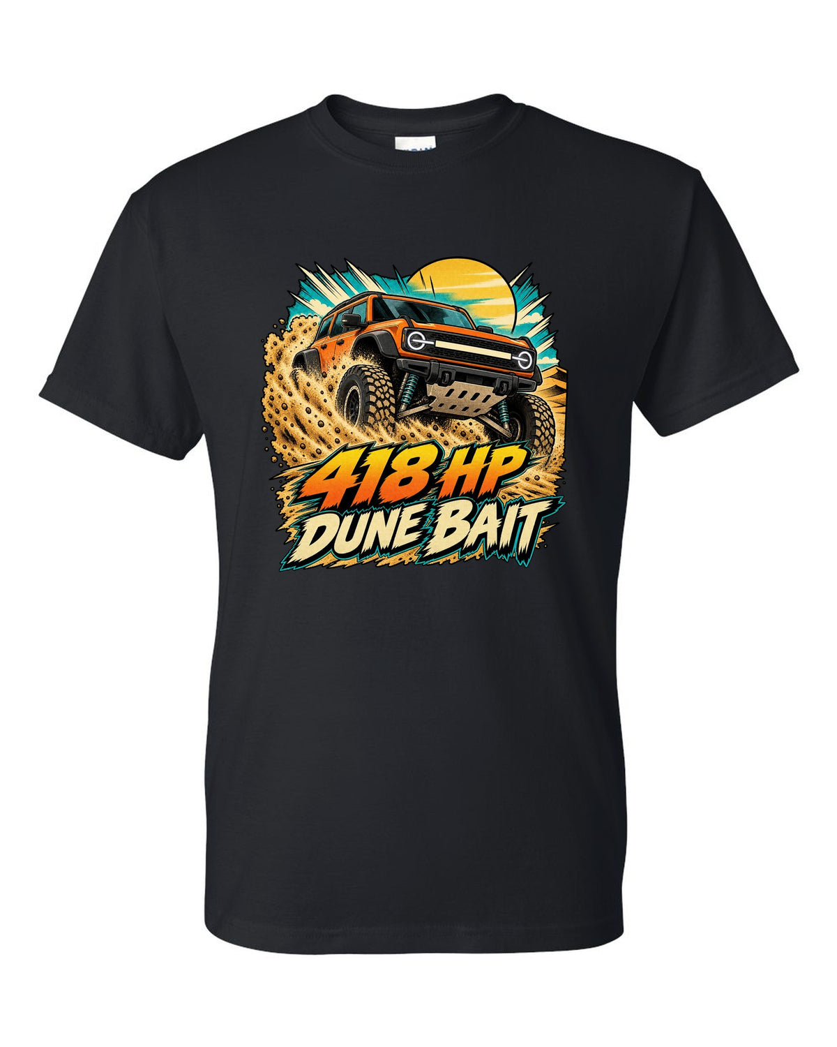 Ford Bronco Raptor U725 in a retro manga halftone dune panel print black t-shirt front view with the design