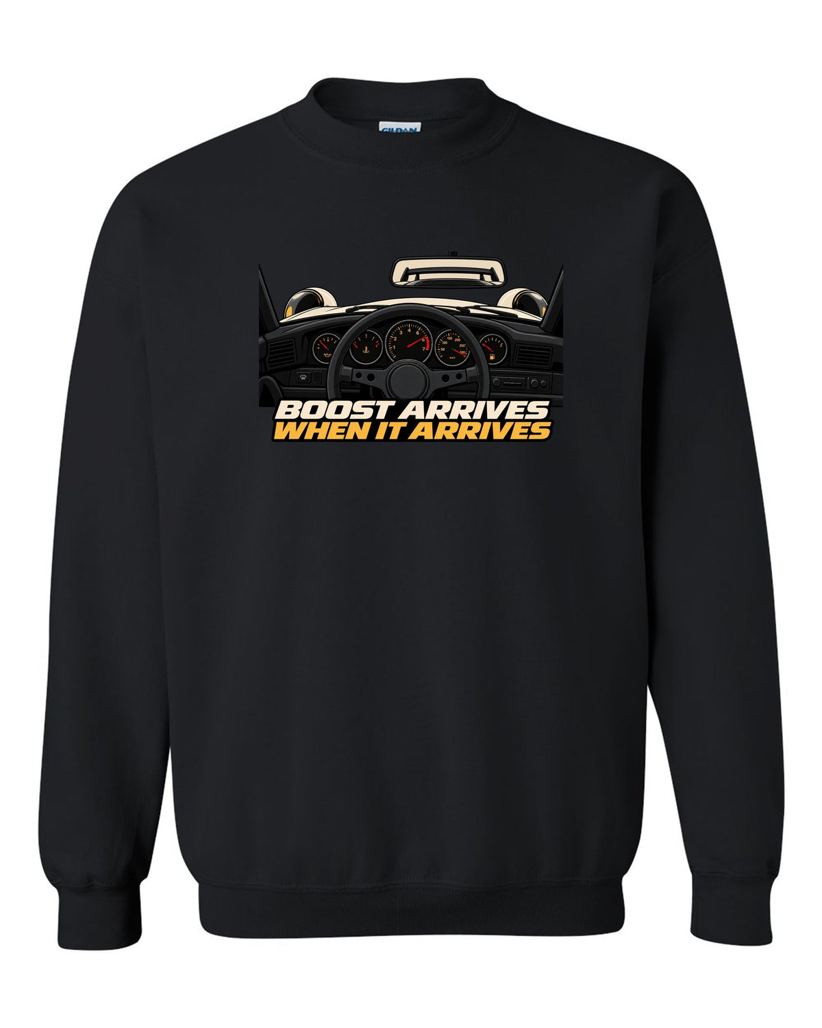 Gauge cockpit vector print of a 1993 Porsche 911 Turbo 964 with Boost Arrives When It Arrives lettering black crewneck front view with the design
