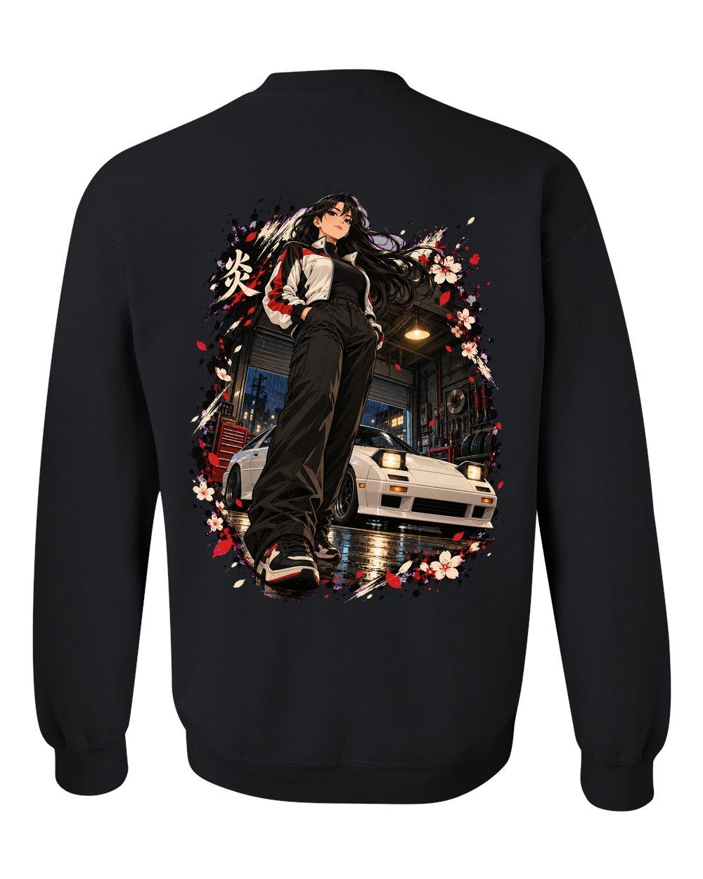 Mazda RX-7 FC Anime Girl Crewneck Black back