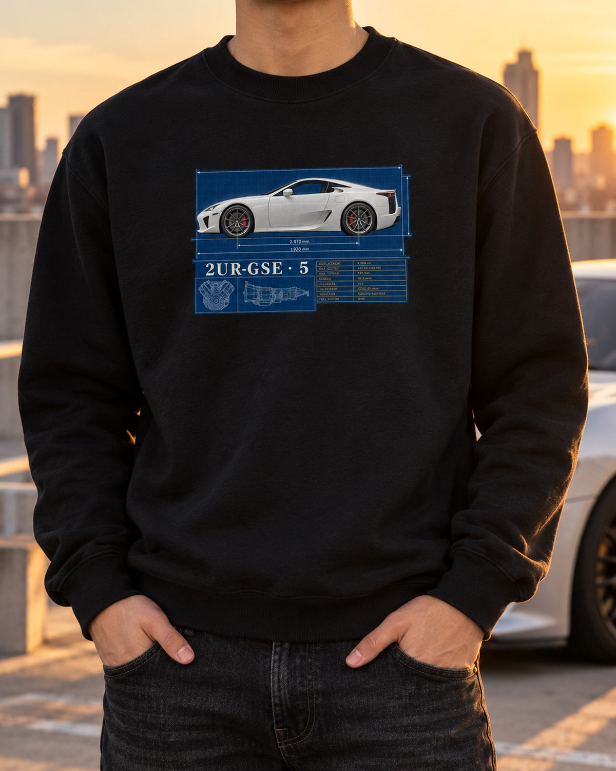 Lexus LFA10 Spec Poster Shirt, 552 HP Carbon Tub Tee Crewneck Black worn hero