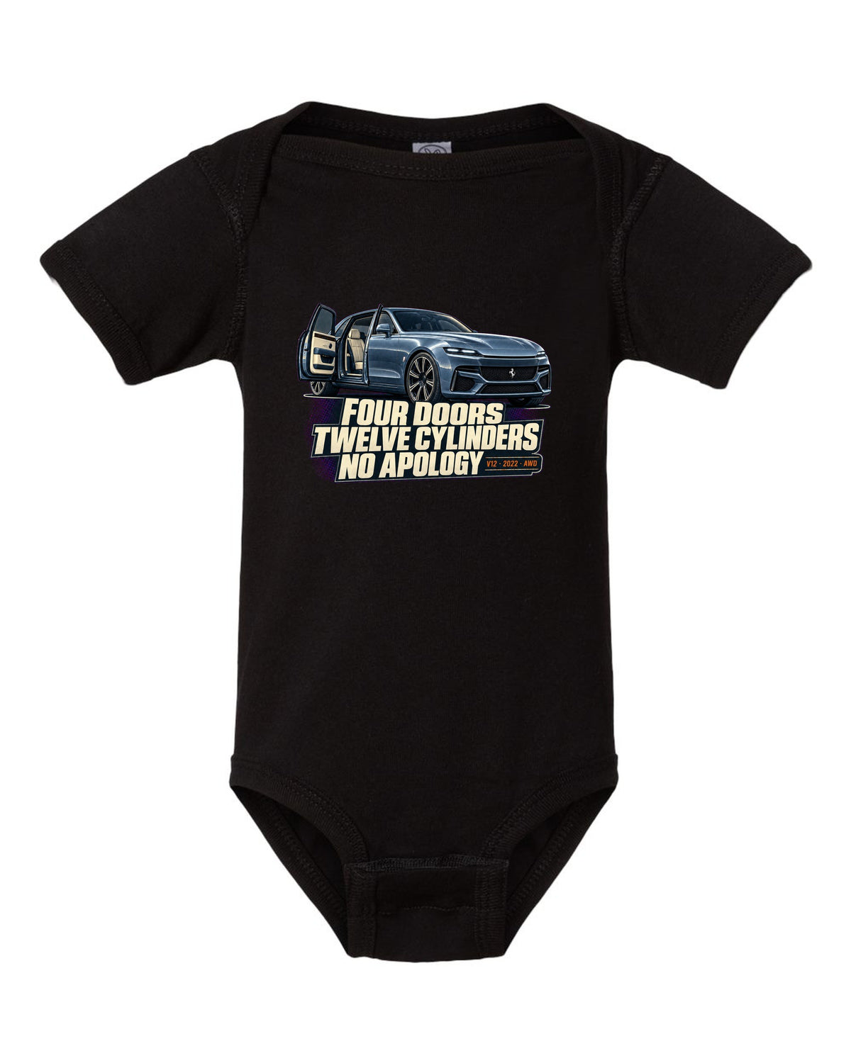 Editorial headline print of the Ferrari Purosangue on a tee black baby onesie front view with the design