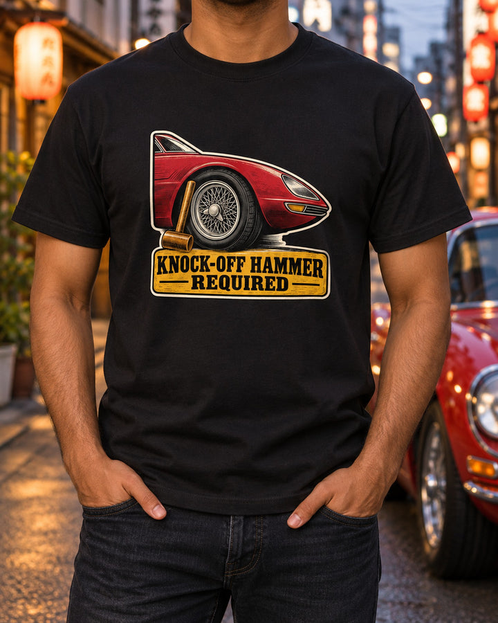 Knock-Off Hammer Required Linocut Tee, Ferrari Daytona T-Shirt Black worn hero