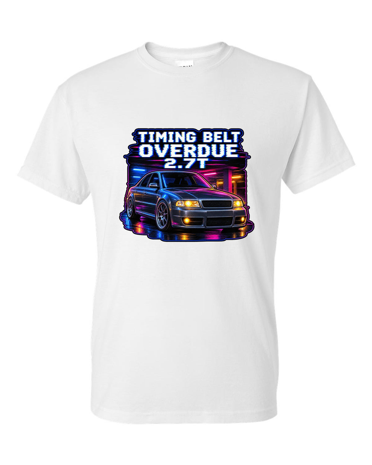 VHS lo-fi print of an Audi S4 B5 with Timing Belt Overdue and 2.7T text white t-shirt front view with the design