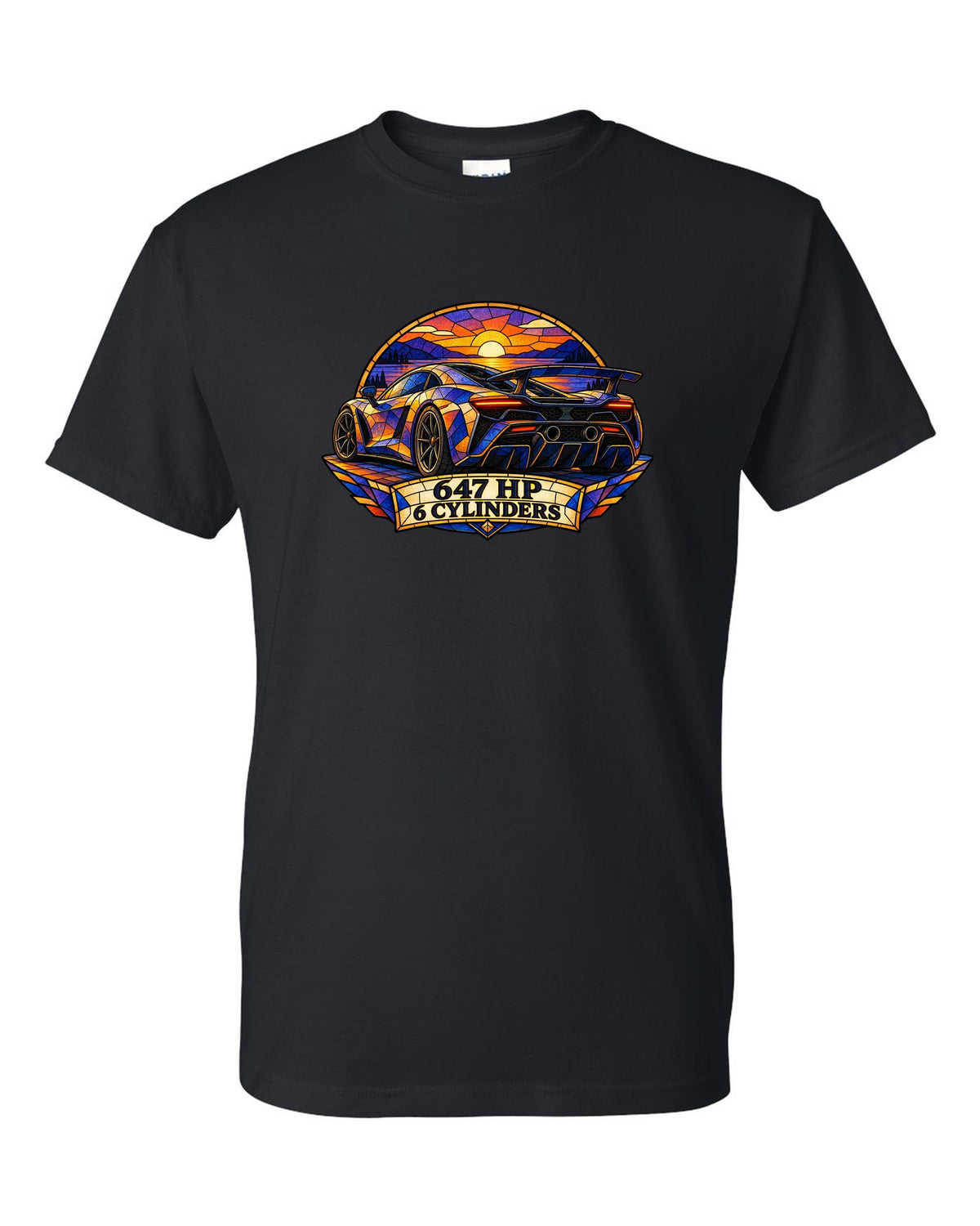 Ford GT 2017-2022 buttress profile in a stained-glass geometric print black t-shirt front view with the design