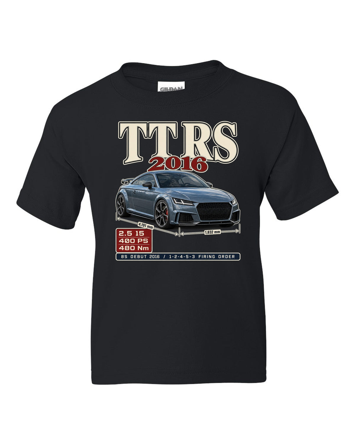 Audi TT RS 8S 2016 archive panel print with firing order black kids tee front view with the design