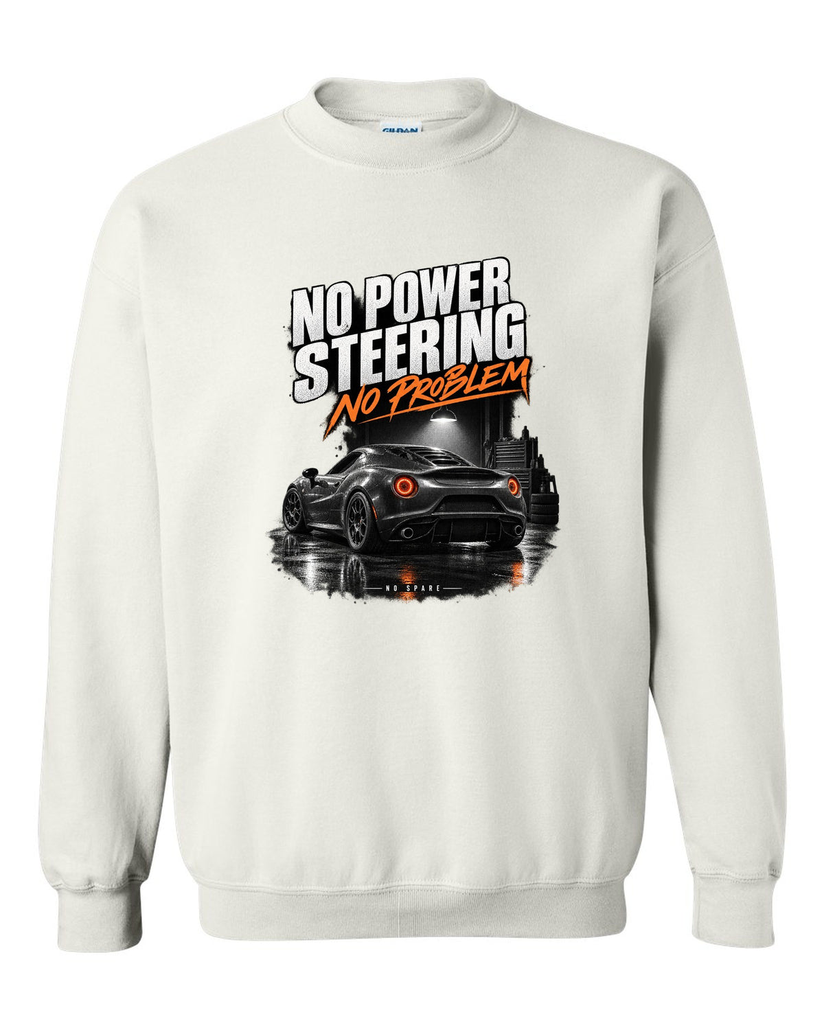 Garage night print of an Alfa Romeo 4C with no power steering no spare text white crewneck front view with the design
