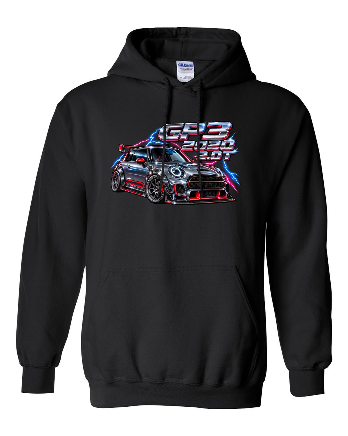 80s airbrush chrome artwork of the Mini JCW GP F56 GP3 black pull over hoodie front view with the design