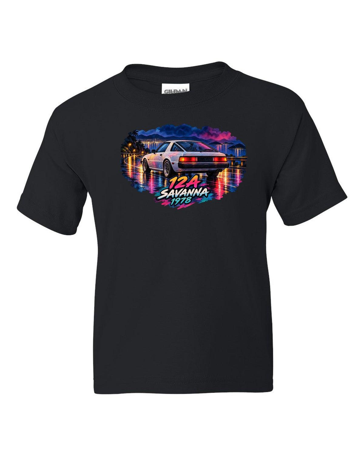 Watercolour wet road night print of a Mazda Savanna RX-7 SA22C with text 12A, Savanna, 1978 black kids tee front view with the design