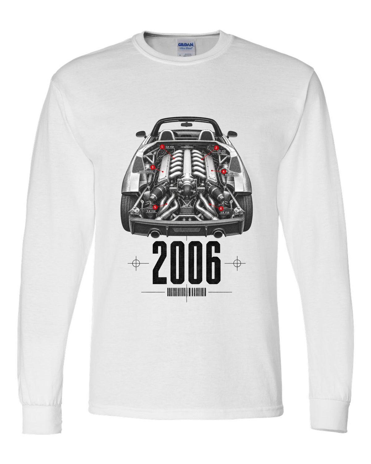Engine hero print of a Lamborghini Gallardo Spyder with 5.0 V10 and 90 Degrees text white long sleeve front view with the design