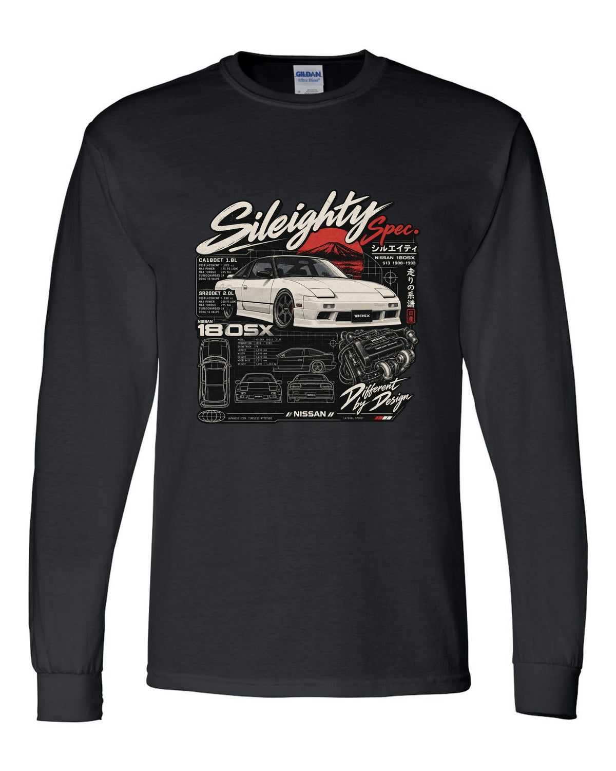 Spec-sheet data plate print for the Nissan 180SX S13 listing CA18DET and SR20DET engines black long sleeve front view with the design