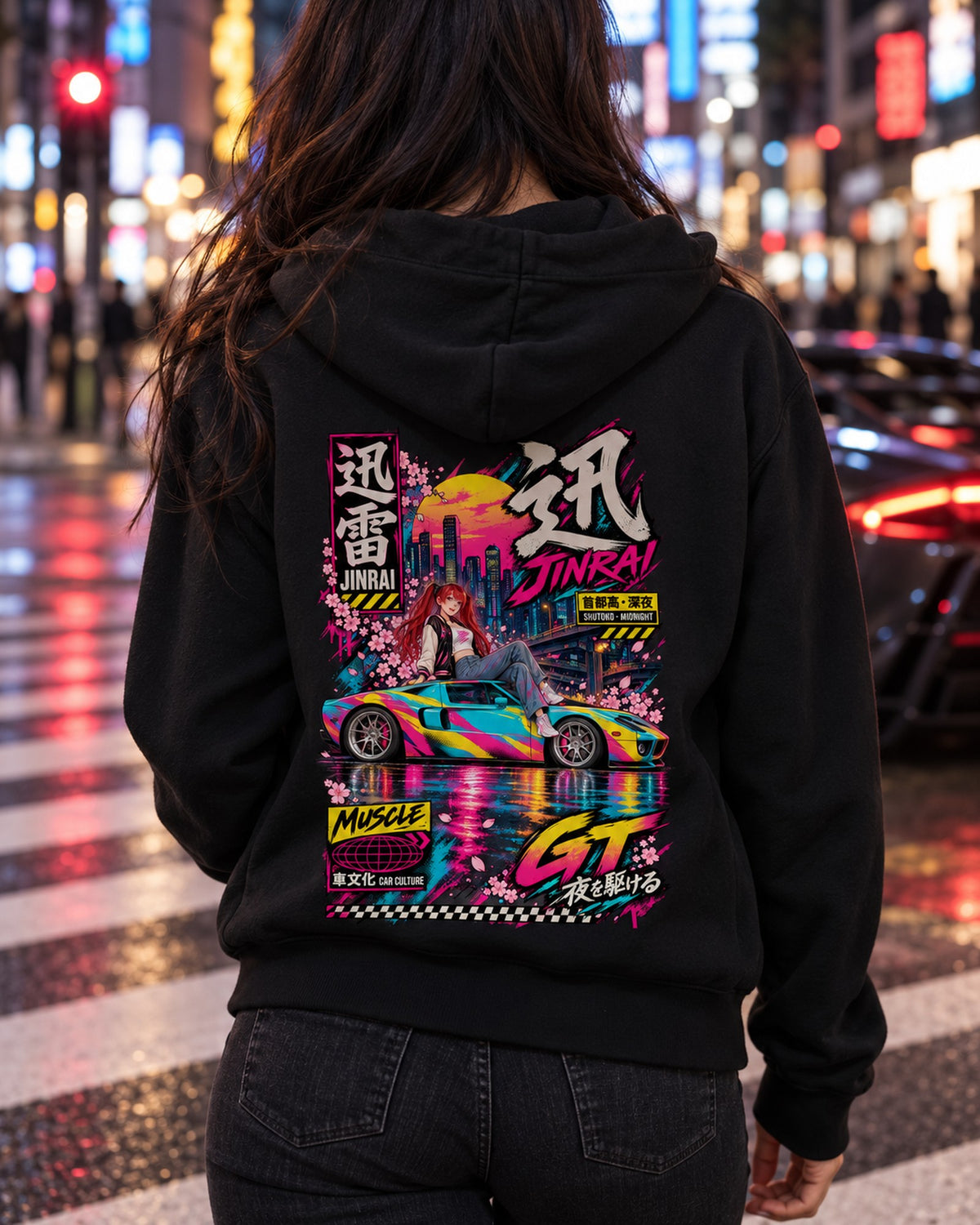 JINRAI GT Anime Girl Full-Back Graphic Tee Zip Hoodie Black worn hero