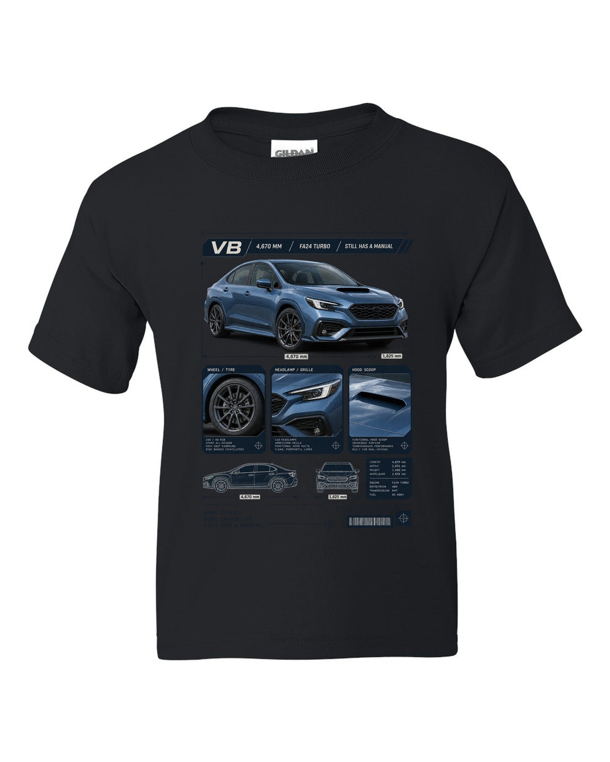 Dossier-style panel layout of a Subaru WRX VB sedan with GT and TR detail panels black kids tee front view with the design