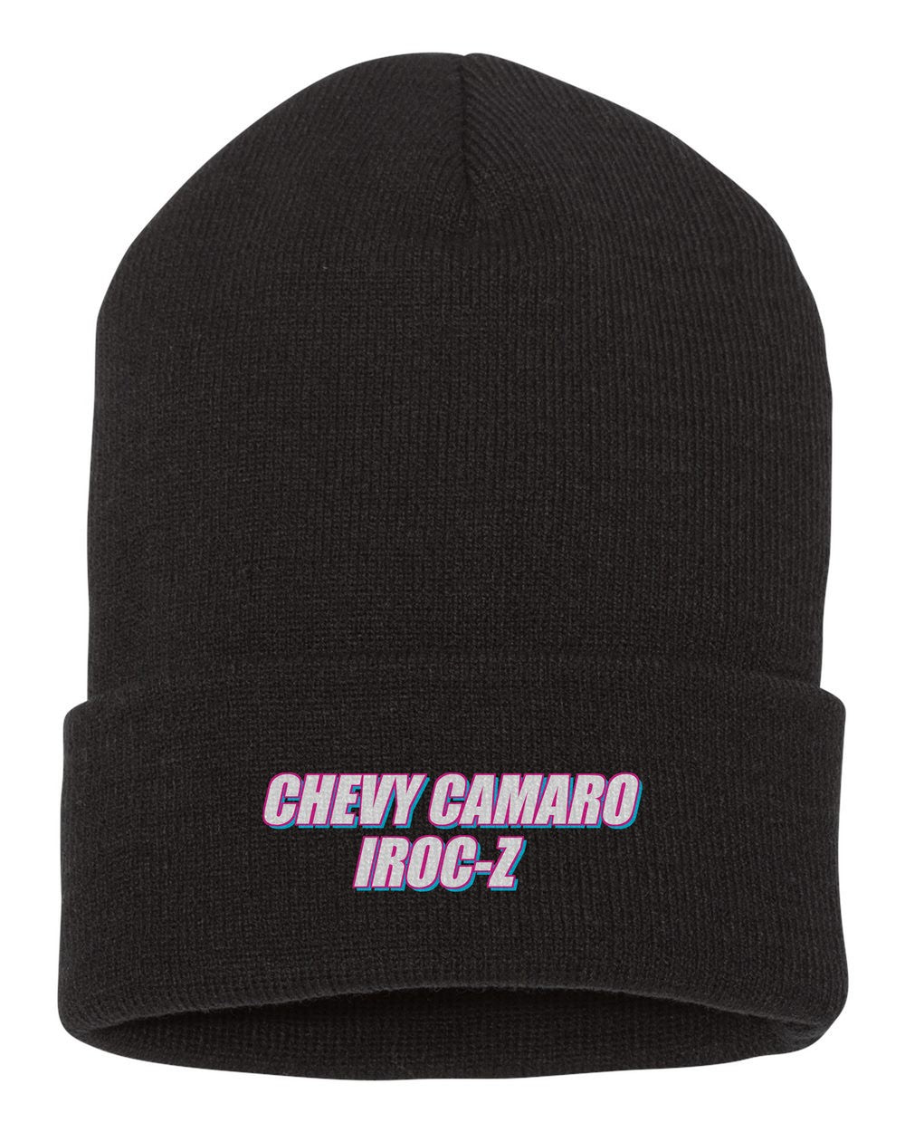 Chevy Camaro Iroc-Z black beanie front view with car name