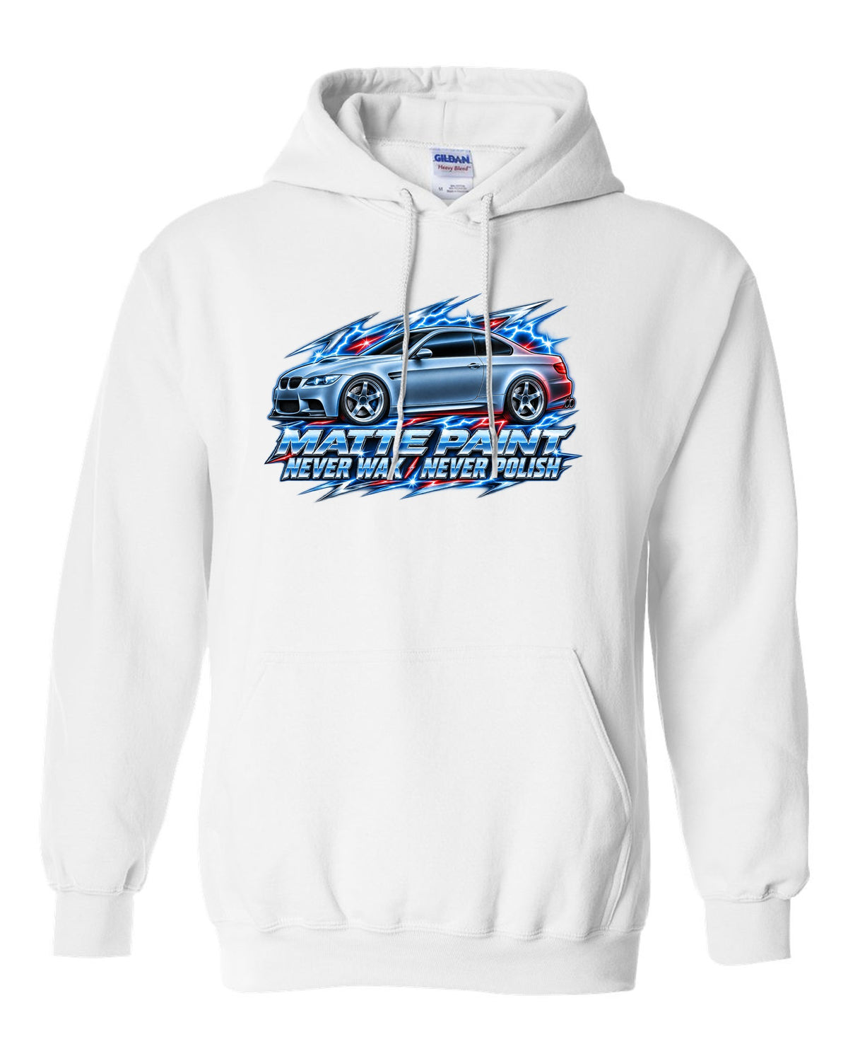 80s chrome airbrush print of a BMW E92 M3 coupe with matte paint never wax never polish text white pull over hoodie front view with the design