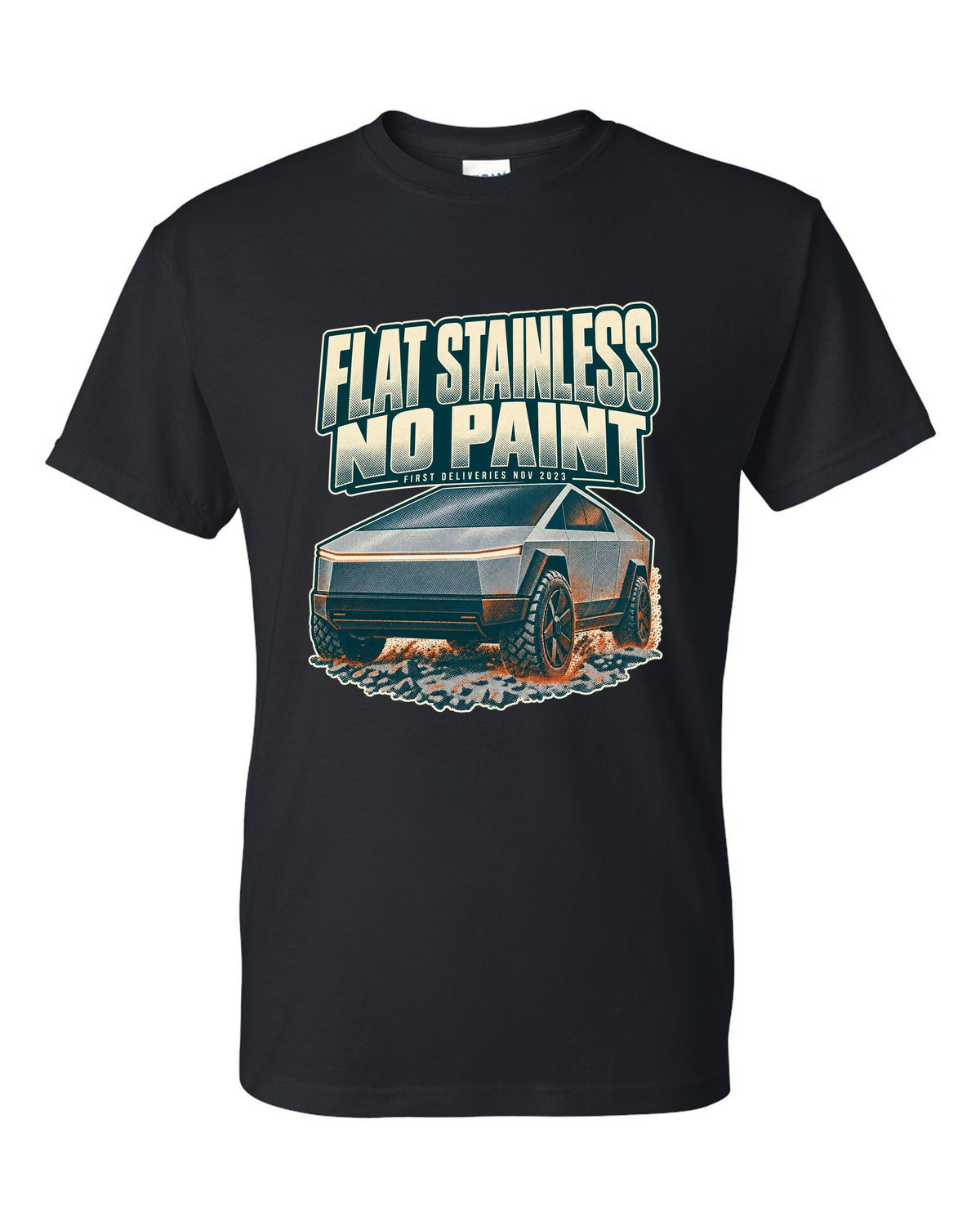 Halftone print of a Tesla Cybertruck front three-quarter with flat stainless text black t-shirt front view with the design