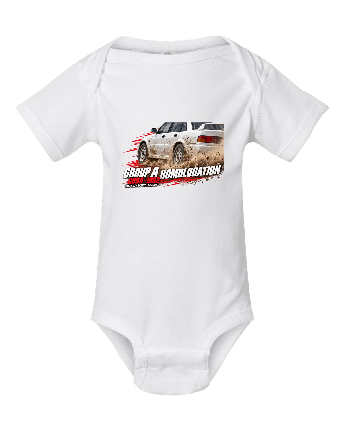 Rally poster print for the Mitsubishi Lancer Evolution I CD9A reading Group A Homologation, 1992, Stage 07 gravel white baby onesie front view with the design