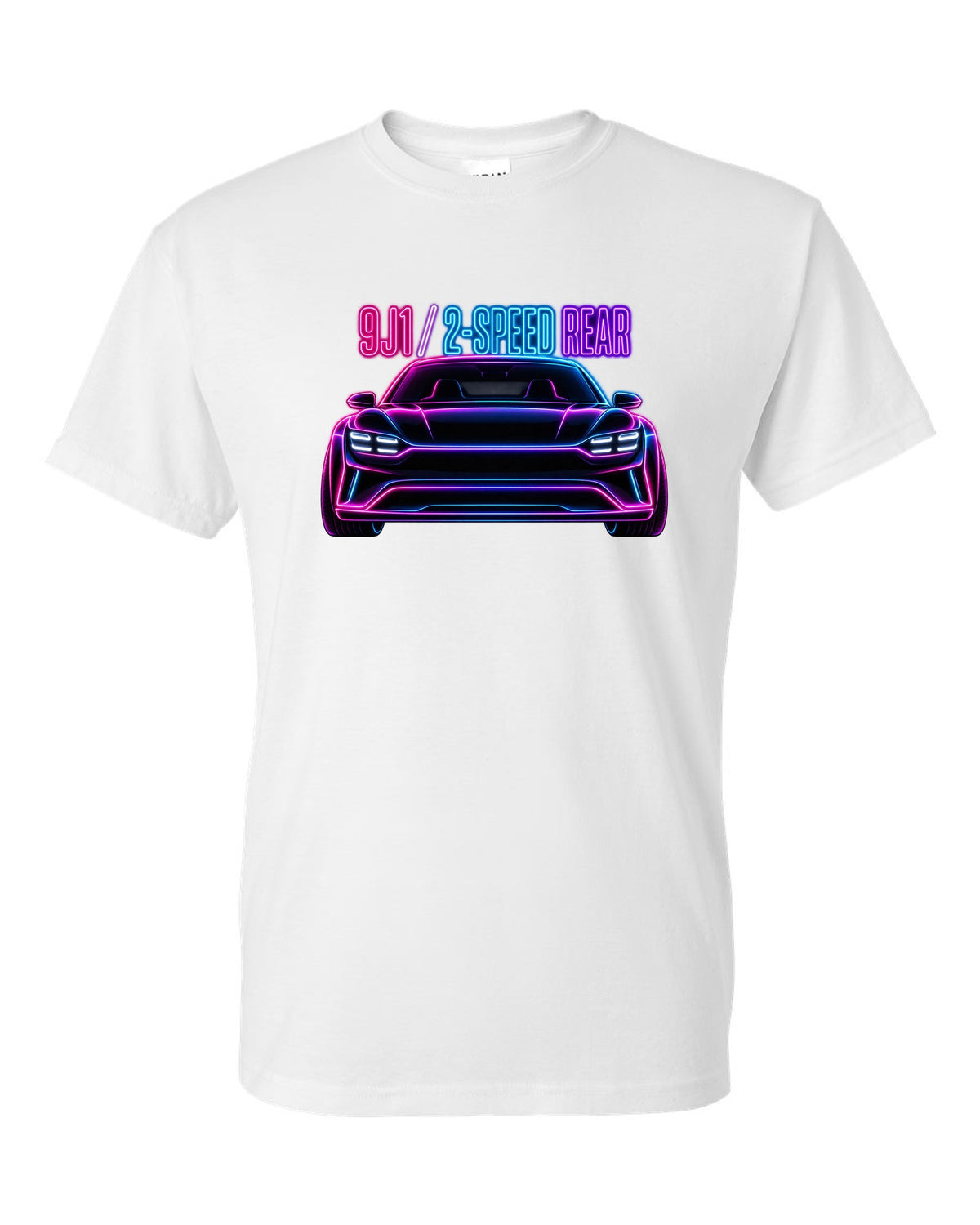 Porsche Taycan Turbo S 9J1 neon outline print with the text 9J1 2-speed rear white t-shirt front view with the design